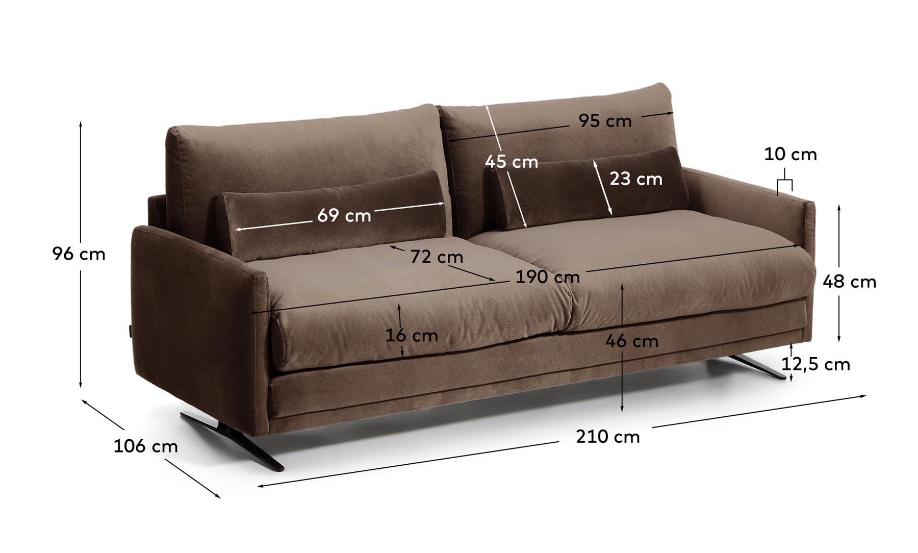 2-Sitzer-Sofa Veliro aus schokoladenbraunem Samt mit Stahlbeinen in schwarzer Ausführung, 210 cm, FSC Mix Credit in Dunkelbraun präsentiert im Onlineshop von KAQTU Design AG. 2er Sofa ist von Kave Home