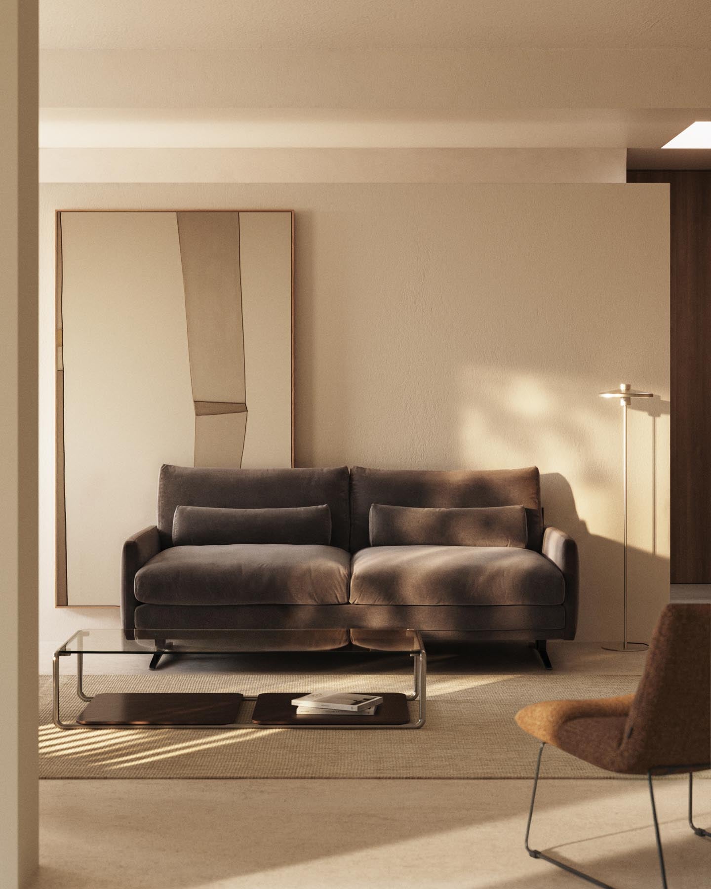 2-Sitzer-Sofa Veliro aus schokoladenbraunem Samt mit Stahlbeinen in schwarzer Ausführung, 210 cm, FSC Mix Credit in Dunkelbraun präsentiert im Onlineshop von KAQTU Design AG. 2er Sofa ist von Kave Home