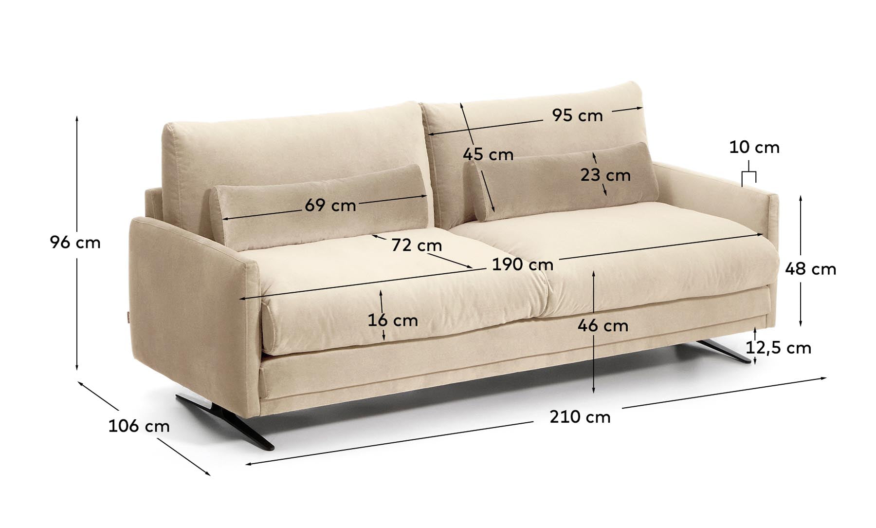 2-Sitzer-Sofa Veliro aus perlfarbenem Samt mit Stahlbeinen in schwarzer Ausführung, 210 cm, FSC Mix Credit in Perle präsentiert im Onlineshop von KAQTU Design AG. 2er Sofa ist von Kave Home