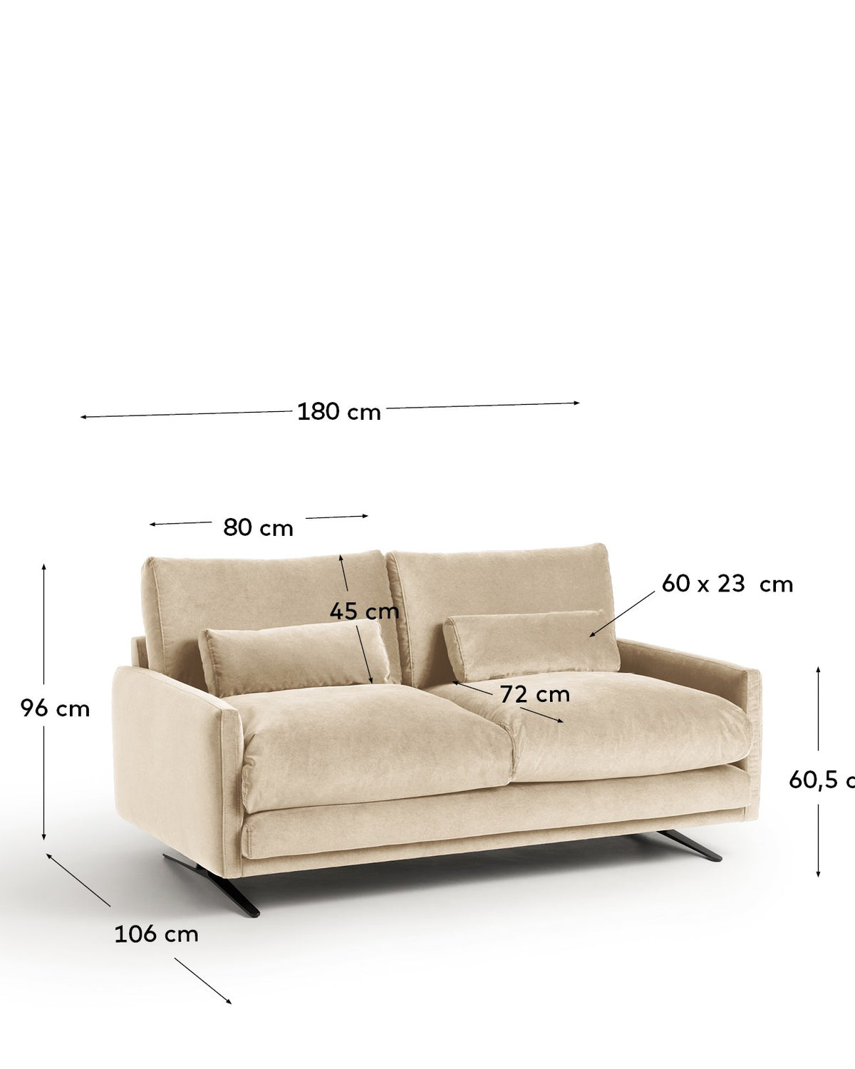 2-Sitzer-Sofa Veliro von Kave Home aus perlfarbenem Samt mit gepolsterter Sitzfläche und schwarzen Stahlbeinen, Breite 180 cm.