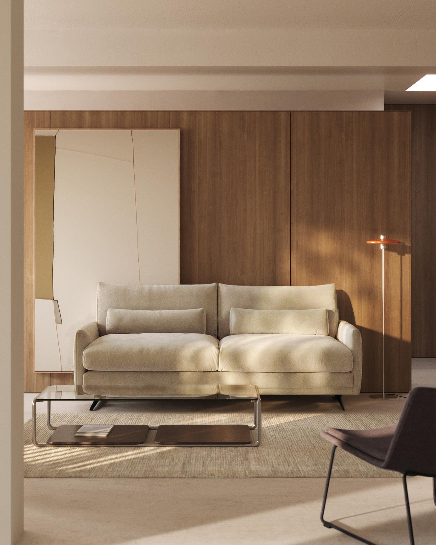 3-Sitzer-Sofa Veliro, schwer entflammbar, mit perlweissem Samt und Stahlbeinen mit schwarzem Finish, 240 cm, FSC Mix Credit in Perle präsentiert im Onlineshop von KAQTU Design AG. 3er Sofa ist von Kave Home