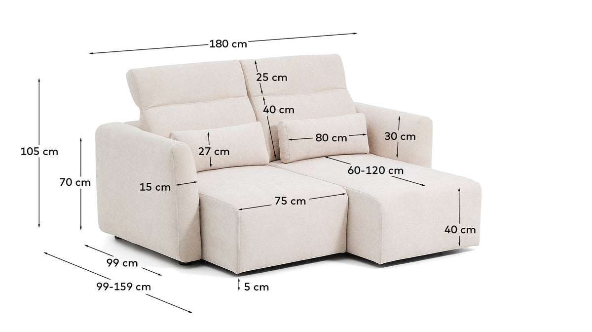 2-Sitzer-Sofa Lares mit elektrisch ausfahrbaren Sitzen und verstellbarer Kopfstütze in beiger Chenille, 180 cm in Beige präsentiert im Onlineshop von KAQTU Design AG. 2er Sofa ist von Kave Home