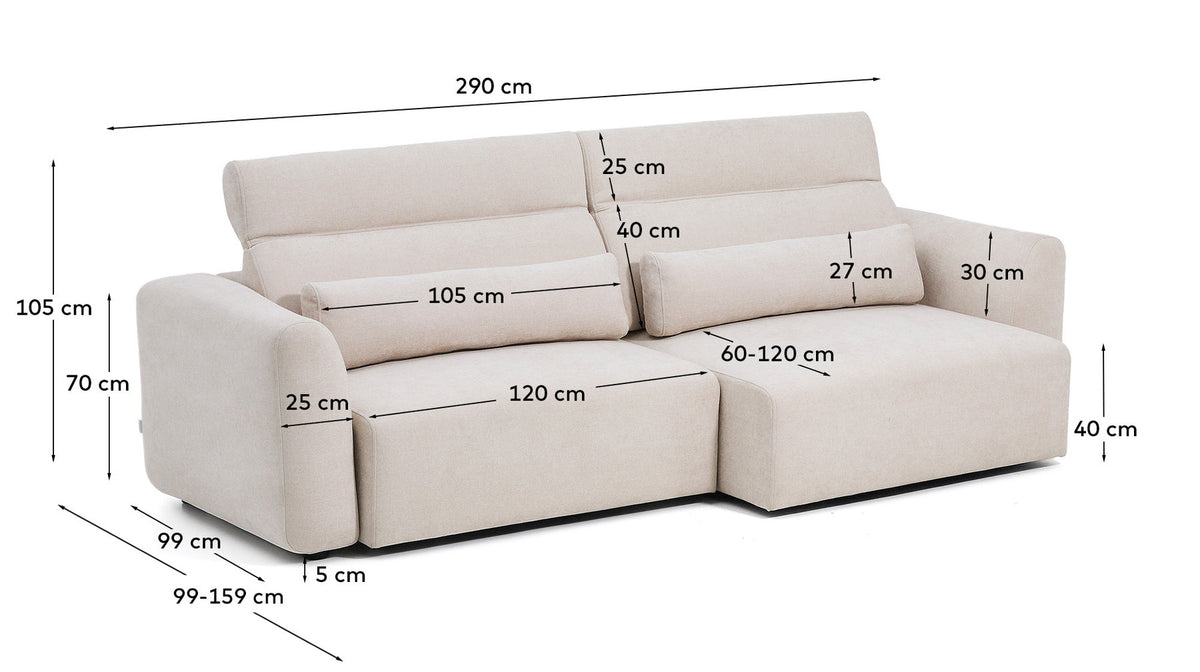 4-Sitzer-Sofa Lares mit elektrisch ausfahrbaren Sitzen und verstellbarer Kopfstütze in beiger Chenille, 290 cm in Beige präsentiert im Onlineshop von KAQTU Design AG. 4er Sofa ist von Kave Home
