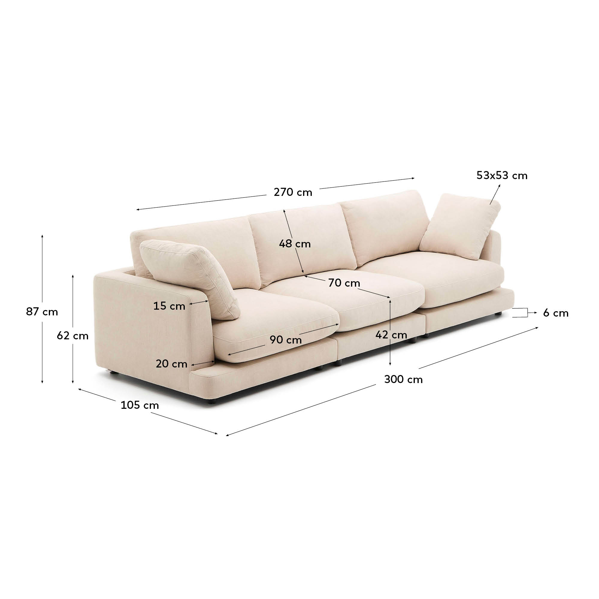 Elegantes 4-Sitzer-Sofa in Beige, aus weichem Chenille, 300 cm breit, FSC-zertifiziert, für stilvollen Komfort.