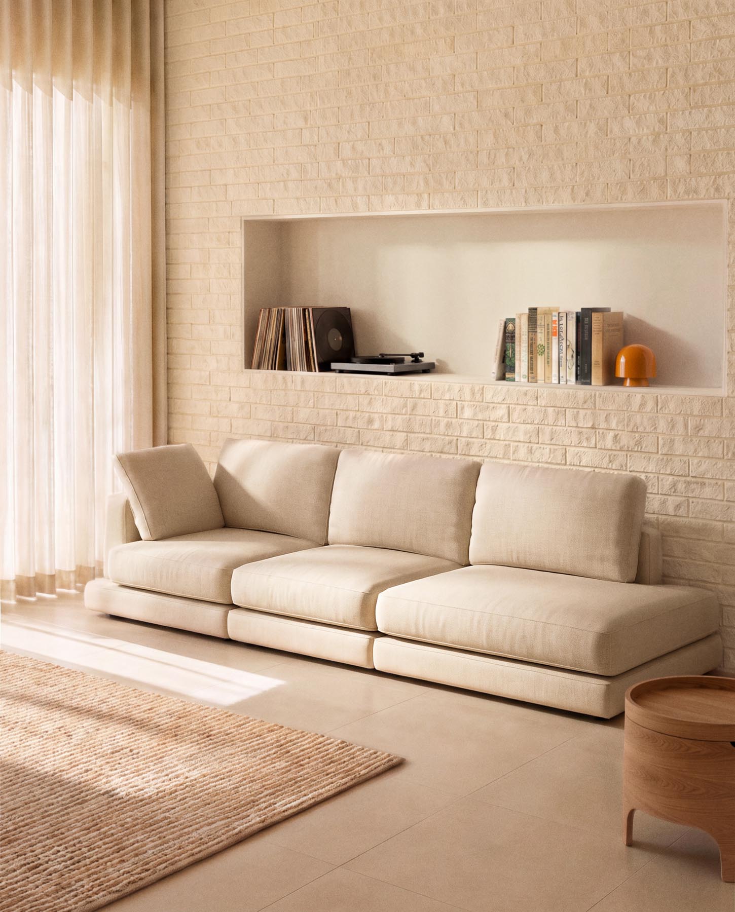 4-Sitzer-Modularsofa Gala mit Randmodul links aus beigem Microbouclé, FSC Mix Credit, 315 cm in Beige präsentiert im Onlineshop von KAQTU Design AG. 4er Sofa ist von Kave Home