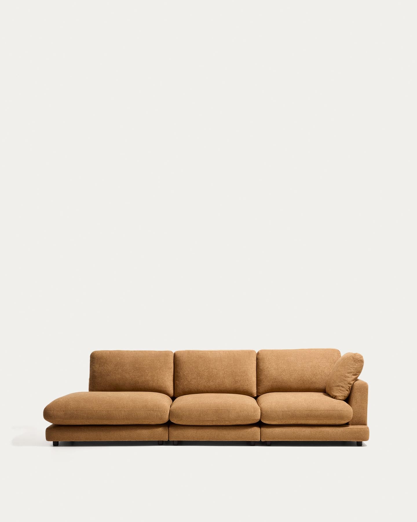 4-Sitzer-Modularsofa Gala mit Randmodul links aus senfgelbem Microbouclé, FSC Mix Credit, 315 cm in Senfgelb präsentiert im Onlineshop von KAQTU Design AG. 4er Sofa ist von Kave Home