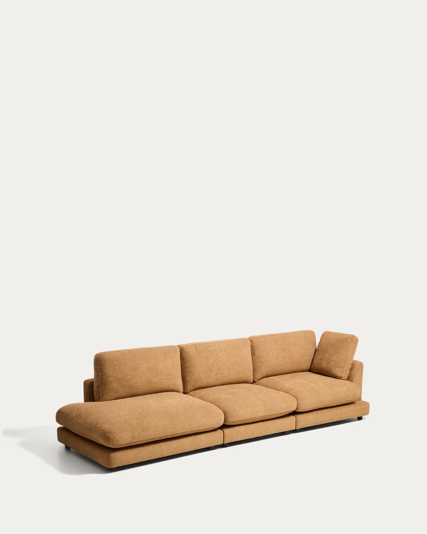 4-Sitzer-Modularsofa Gala mit Randmodul links aus senfgelbem Microbouclé, FSC Mix Credit, 315 cm in Senfgelb präsentiert im Onlineshop von KAQTU Design AG. 4er Sofa ist von Kave Home