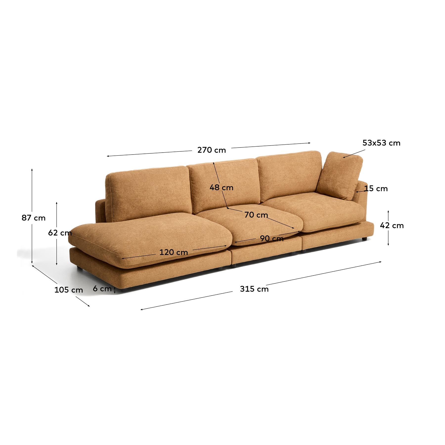 4-Sitzer-Modularsofa Gala mit Randmodul links aus senfgelbem Microbouclé, FSC Mix Credit, 315 cm in Senfgelb präsentiert im Onlineshop von KAQTU Design AG. 4er Sofa ist von Kave Home