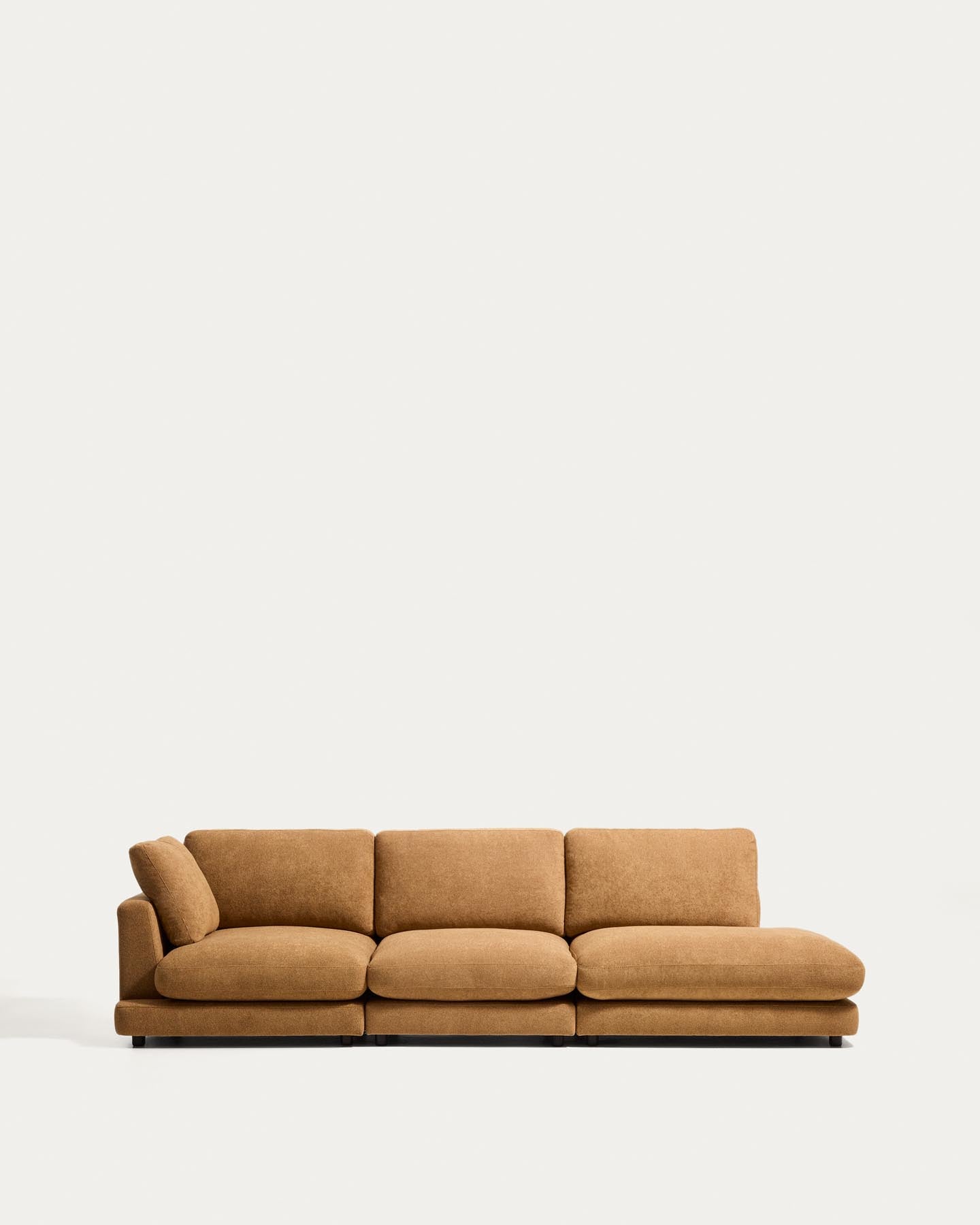 4-Sitzer-Modularsofa Gala mit Randmodul rechts aus senfgelbem Microbouclé, FSC Mix Credit, 315 cm in Senfgelb präsentiert im Onlineshop von KAQTU Design AG. 4er Sofa ist von Kave Home