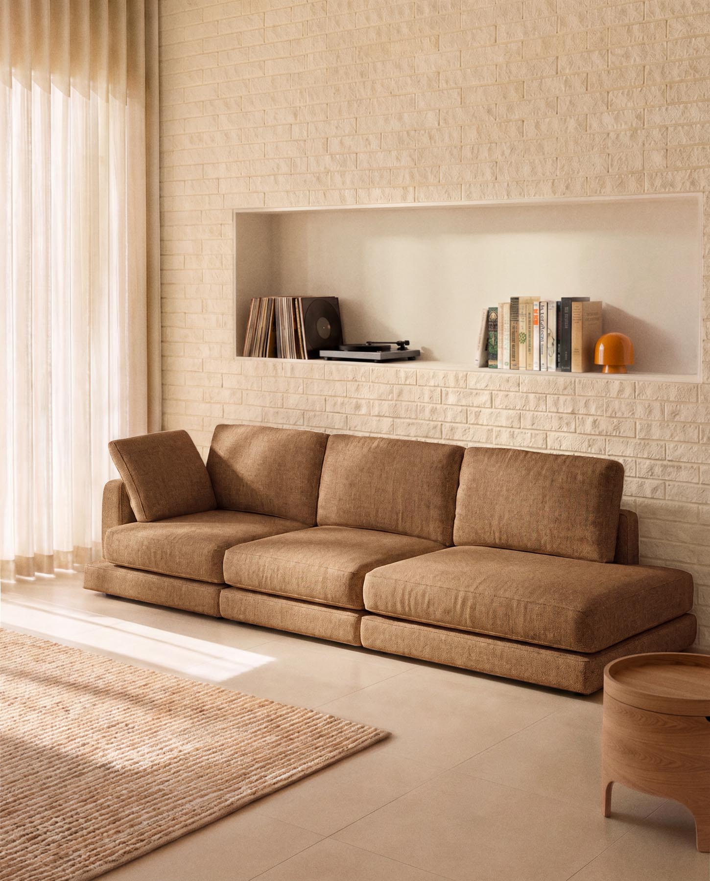 4-Sitzer-Modularsofa Gala mit Randmodul rechts aus senfgelbem Microbouclé, FSC Mix Credit, 315 cm in Senfgelb präsentiert im Onlineshop von KAQTU Design AG. 4er Sofa ist von Kave Home