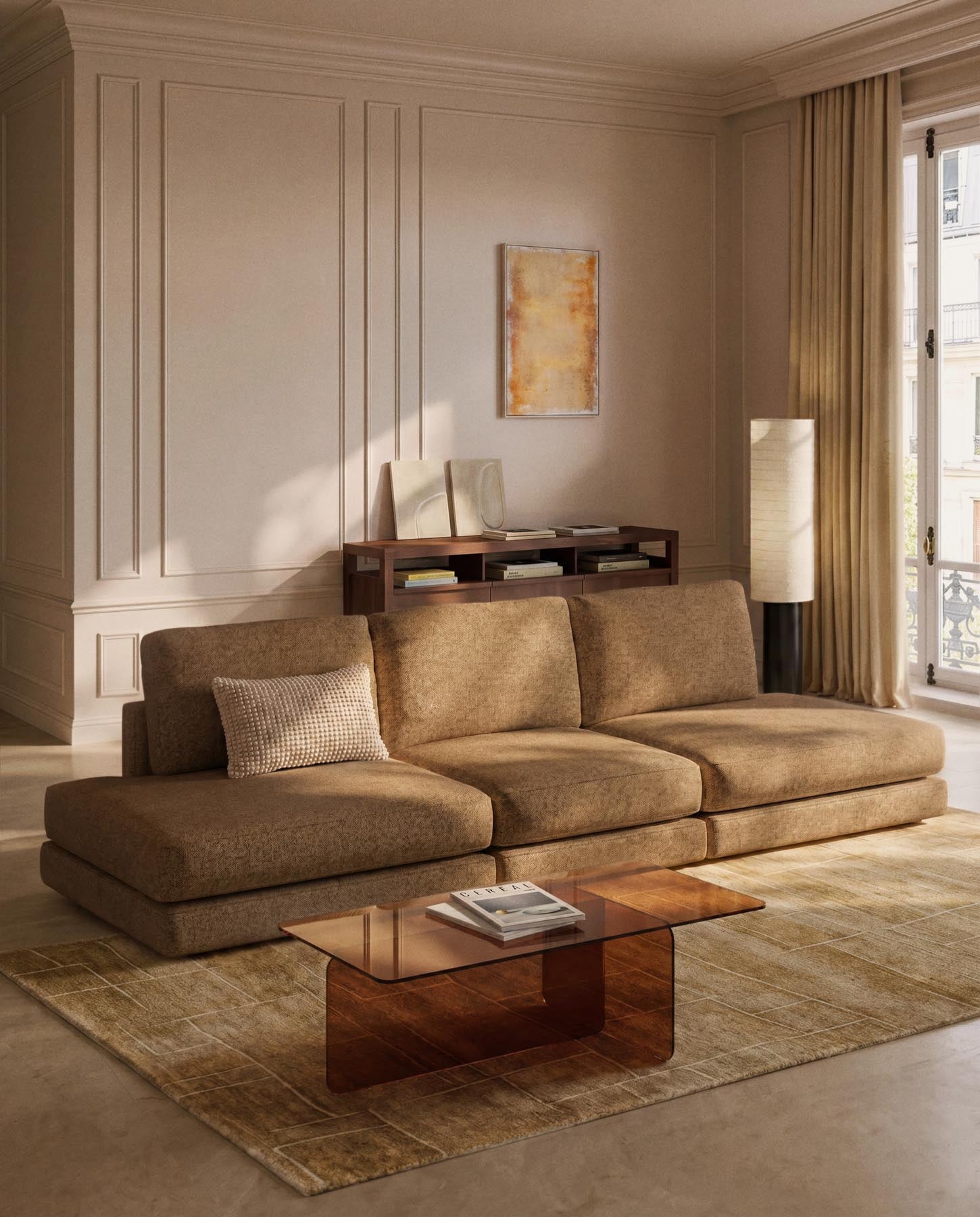 4-Sitzer-Modularsofa Gala aus senfgelbem Microbouclé, FSC Mix Credit, 330 cm in Senfgelb präsentiert im Onlineshop von KAQTU Design AG. 4er Sofa ist von Kave Home