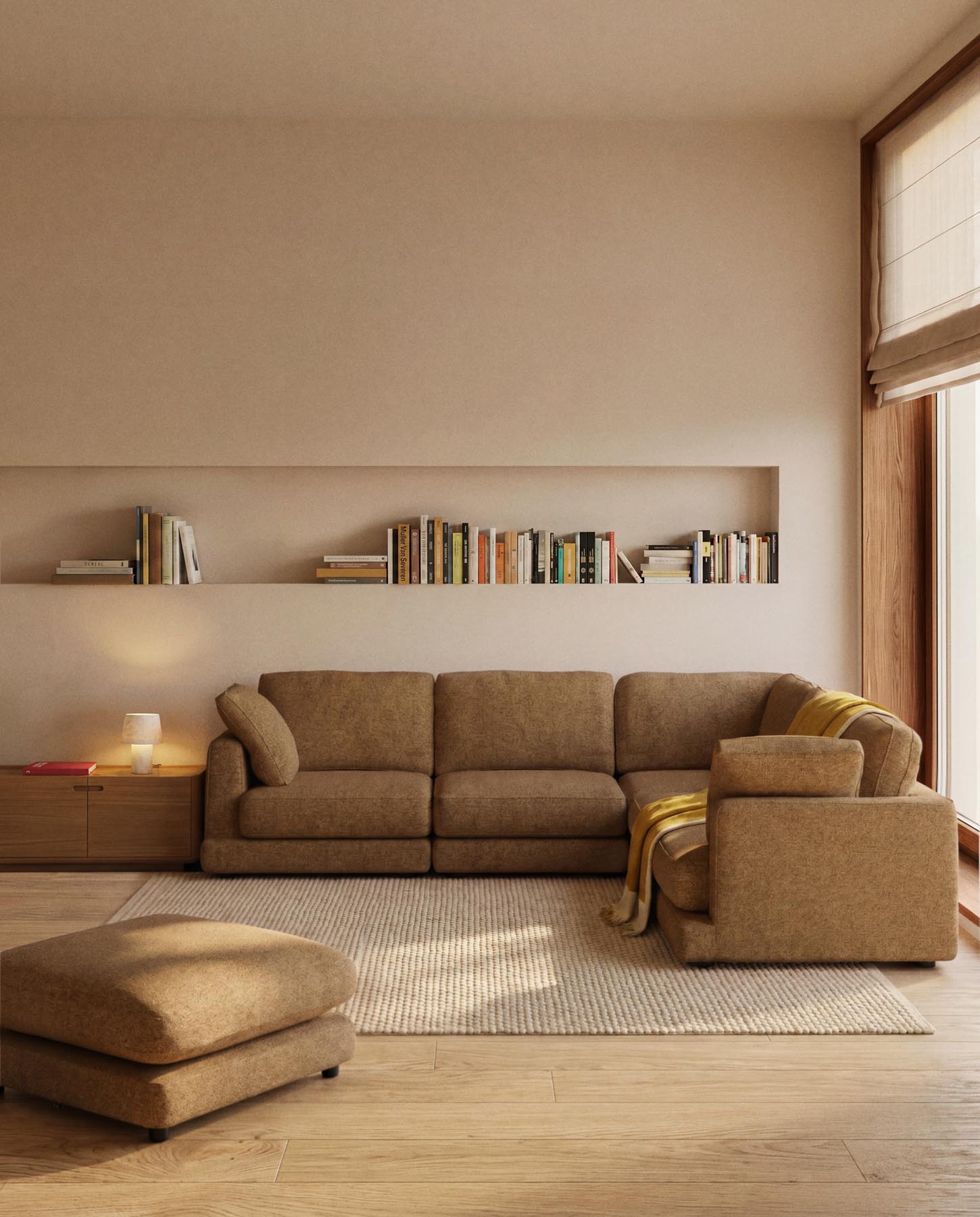 6-Sitzer-Ecksofa Gala aus senfgelbem Microbouclé, FSC Mix Credit, 300 x 300 cm in Senfgelb präsentiert im Onlineshop von KAQTU Design AG. Ecksofa ist von Kave Home