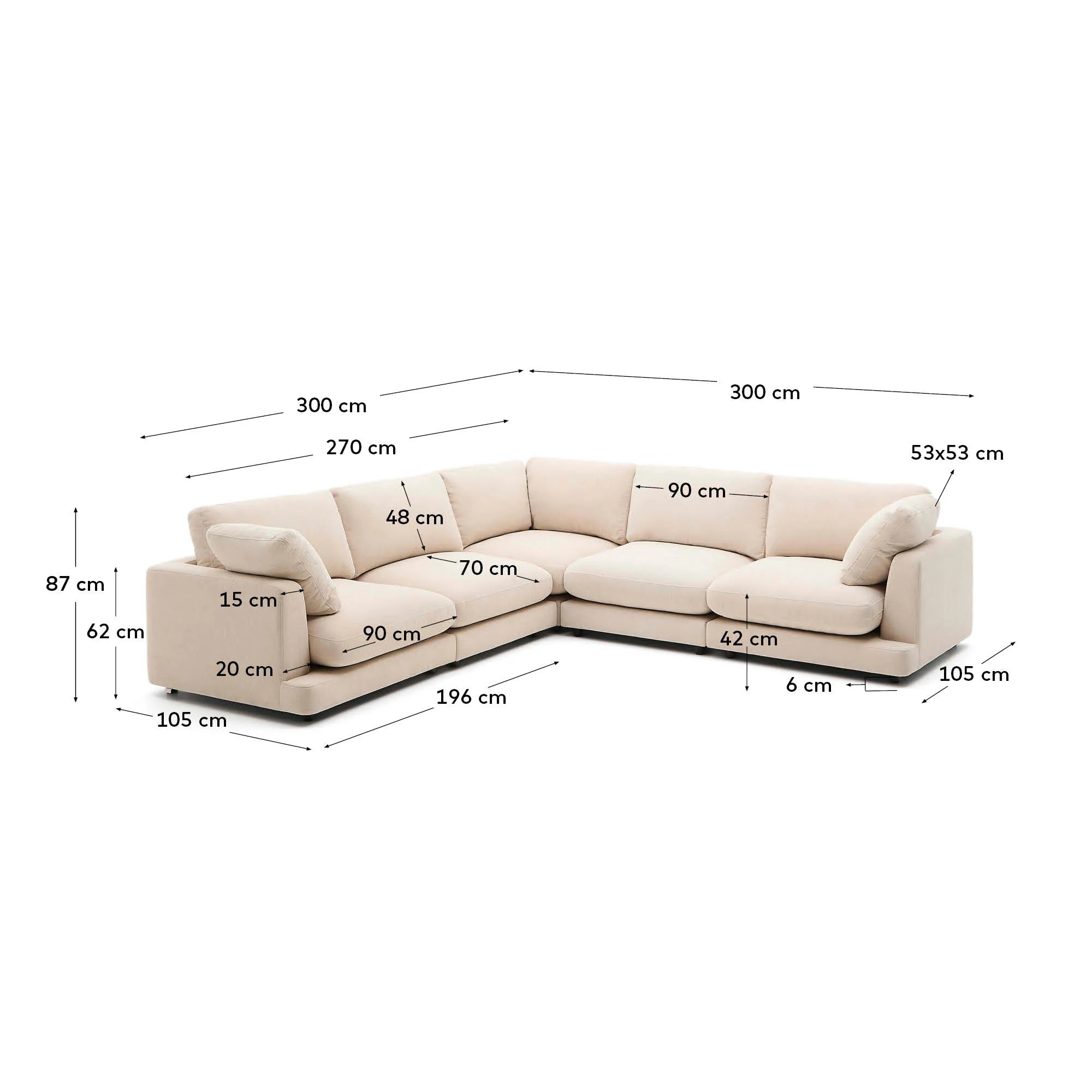 Elegantes 6-Sitzer Ecksofa aus beigem Chenille, 300x300 cm, mit luxuriösem Komfort und abnehmbaren Kissen.