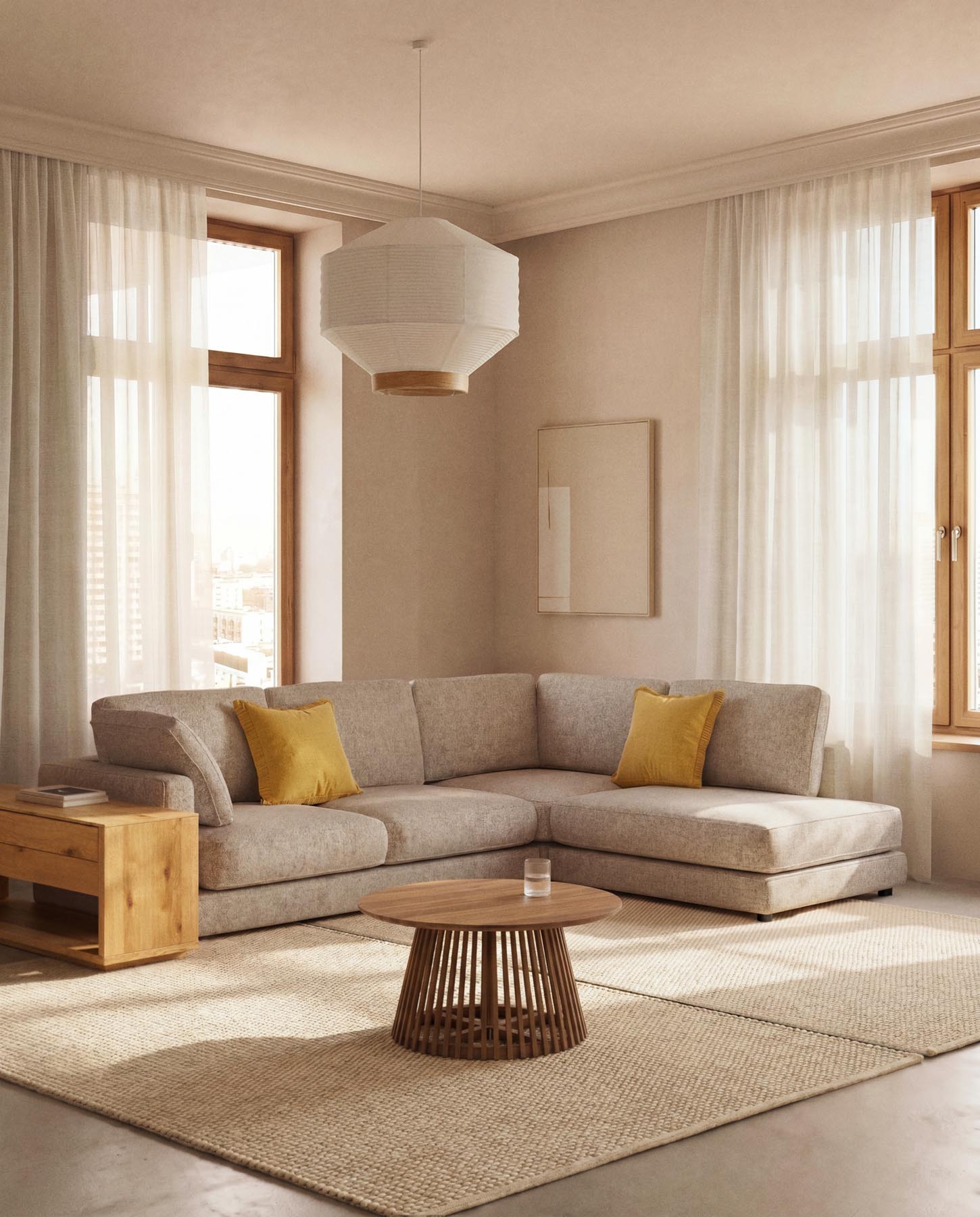 5-Sitzer-Ecksofa Gala mit Randmodul rechts aus beigem Microbouclé, FSC Mix Credit, 300 x 225 cm in Beige präsentiert im Onlineshop von KAQTU Design AG. L-Sofa rechts ist von Kave Home