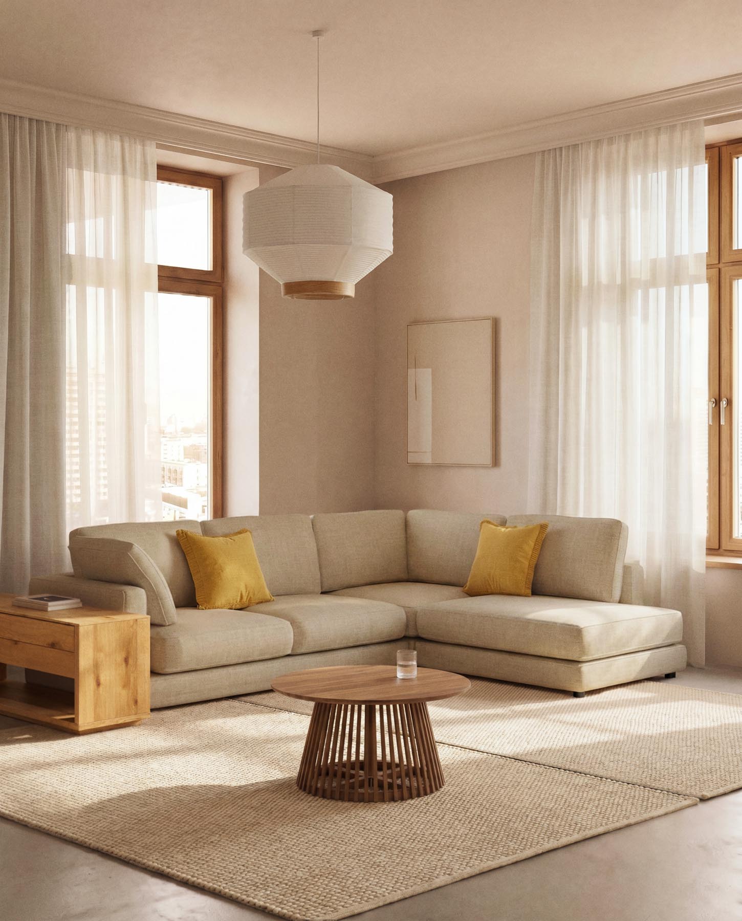 5-Sitzer-Ecksofa Gala mit Randmodul rechts aus beiger Chenille, FSC Mix Credit, 300 x 225 cm in Beige präsentiert im Onlineshop von KAQTU Design AG. L-Sofa rechts ist von Kave Home
