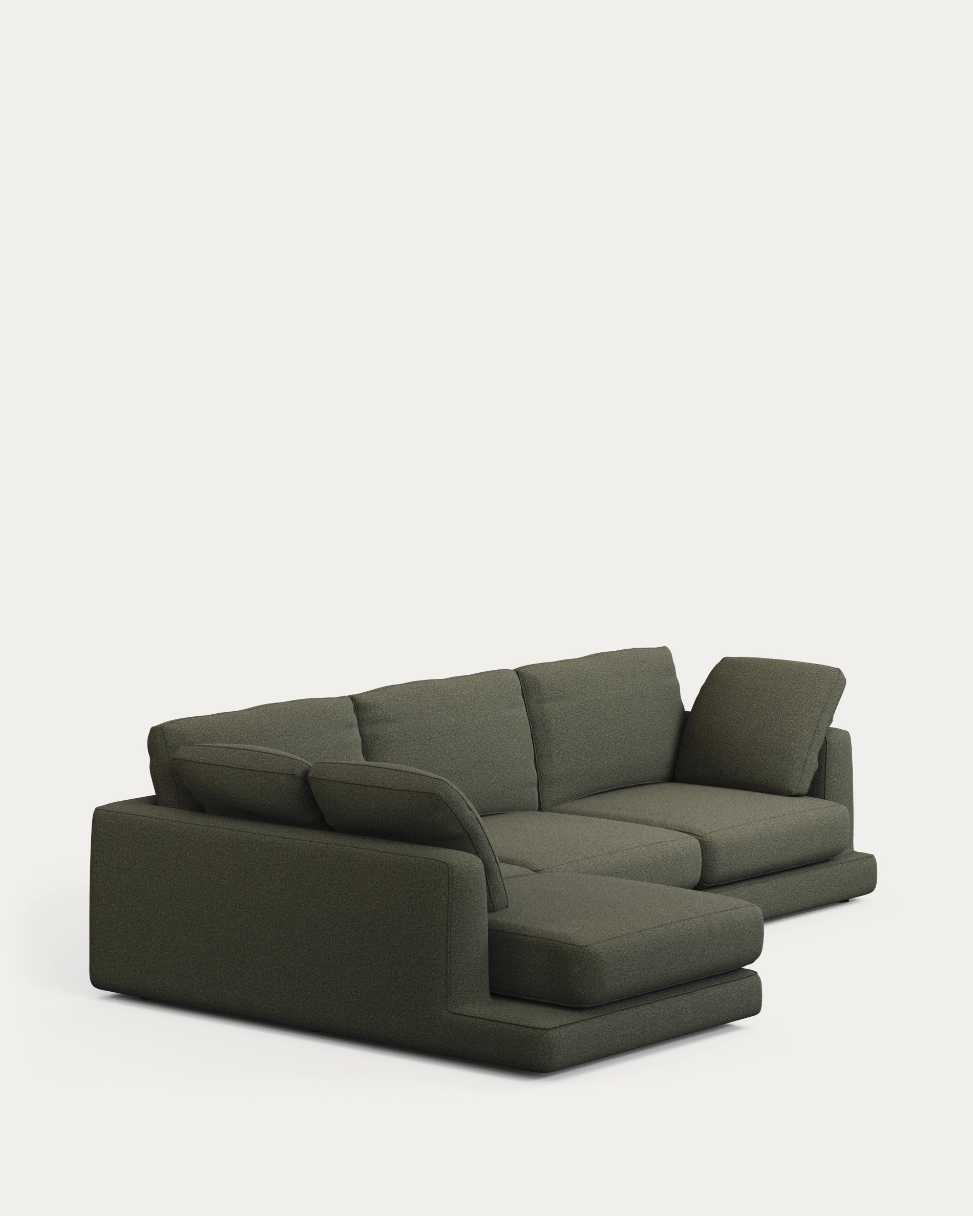 Modernes Gala 4-Sitzer-Sofa in tiefgrünem Chenille mit linksseitiger Chaiselongue, perfekt für gemütliche und elegante Wohnbereiche.