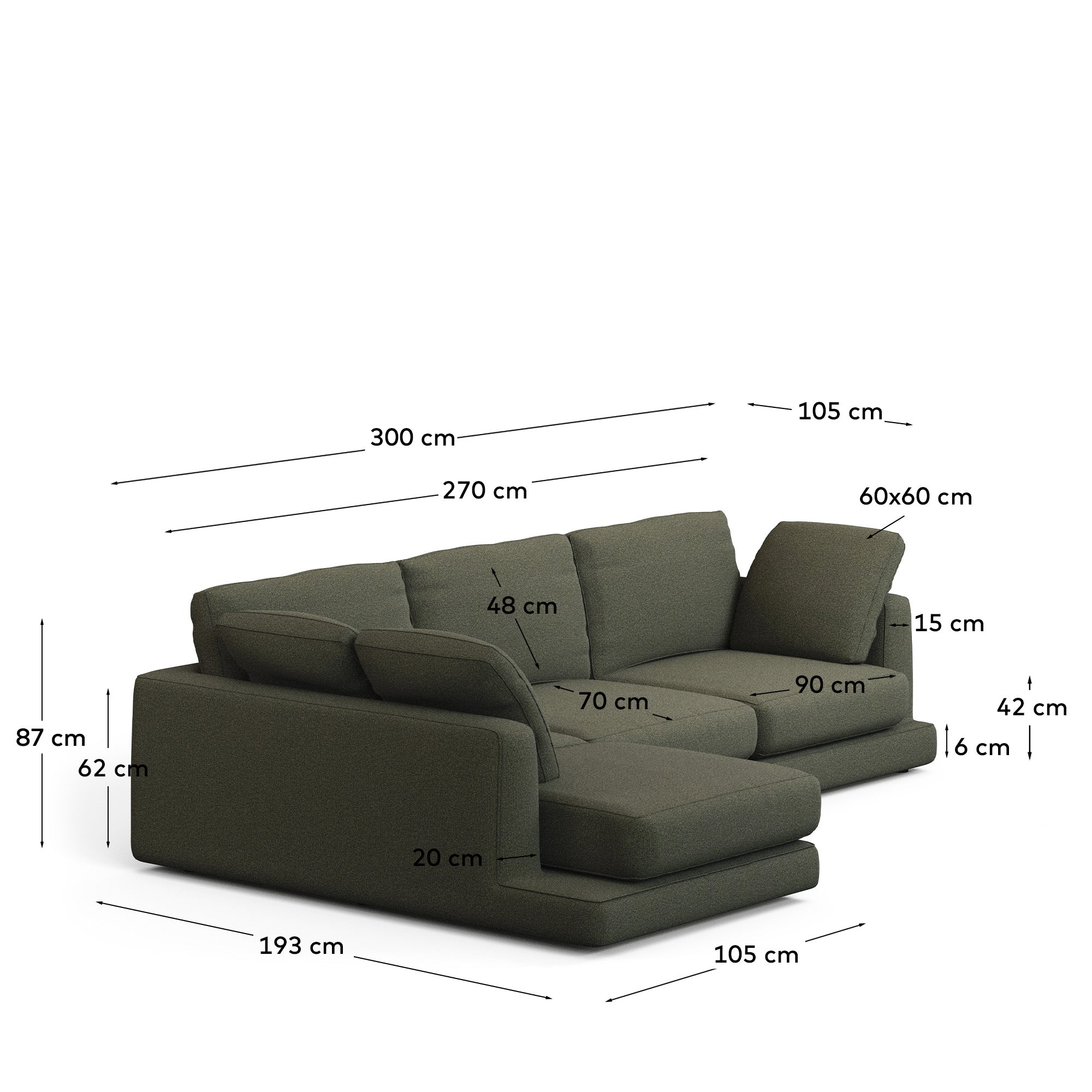 Modernes Gala 4-Sitzer-Sofa in tiefgrünem Chenille mit linksseitiger Chaiselongue, perfekt für entspannte Stunden im Wohnzimmer.