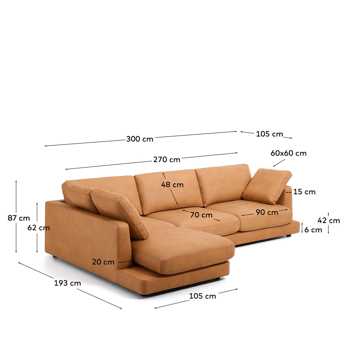 4-Sitzer-Sofa Gala mit Chaiselongue links in braunem Leder, 300 cm in Braun präsentiert im Onlineshop von KAQTU Design AG. 4er Sofa ist von Kave Home