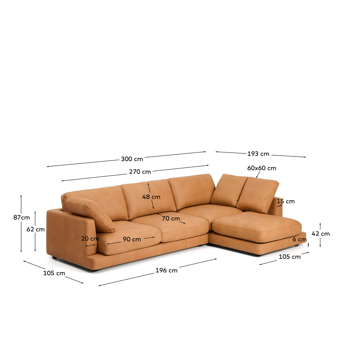 4-Sitzer-Sofa Gala mit Chaiselongue rechts in braunem Leder, 300 cm in Braun präsentiert im Onlineshop von KAQTU Design AG. 4er Sofa ist von Kave Home