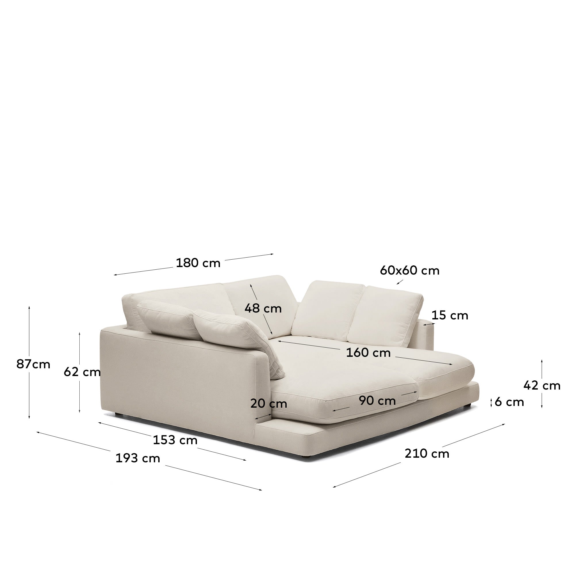 Das Gala Sofa von Kave Home, 3-Sitzer, beige, 210 cm, mit doppelter Chaiselongue, vereint Stil und Komfort für Ihr Wohnzimmer.