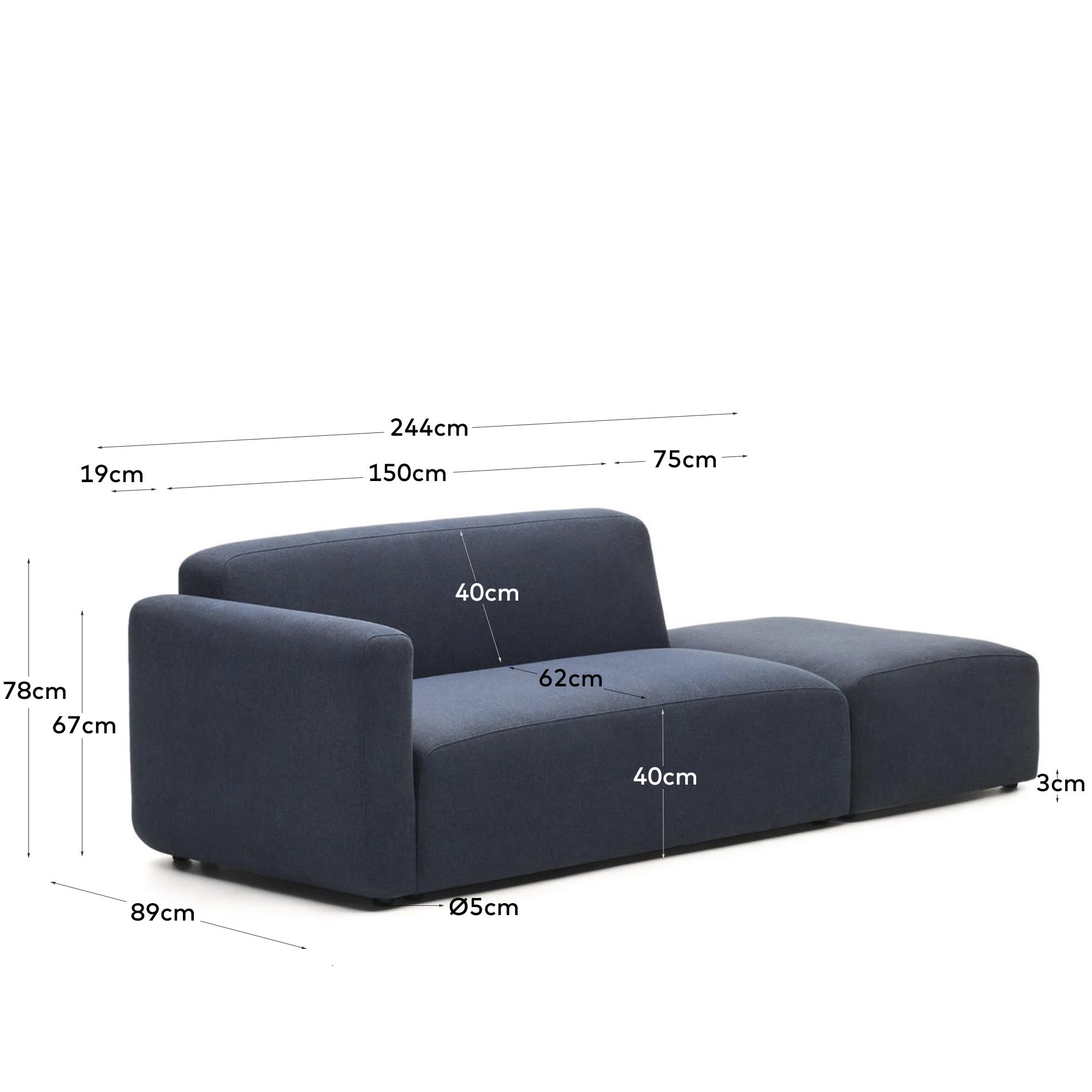 Elegantes, modulares 2-Sitzer-Sofa in Blau, 244 cm breit, aus nachhaltigem Holz, flexibel und stilvoll.