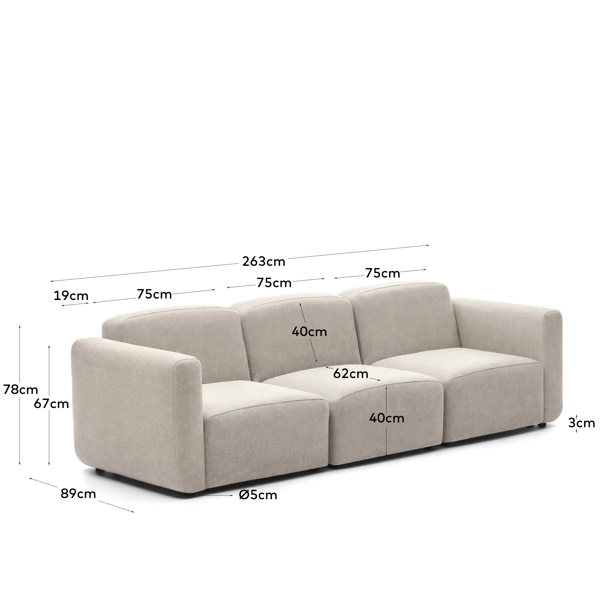 Elegantes, modulares 3-Sitzer-Sofa in Beige, 263 cm breit, aus nachhaltigen Materialien, flexibel kombinierbar.