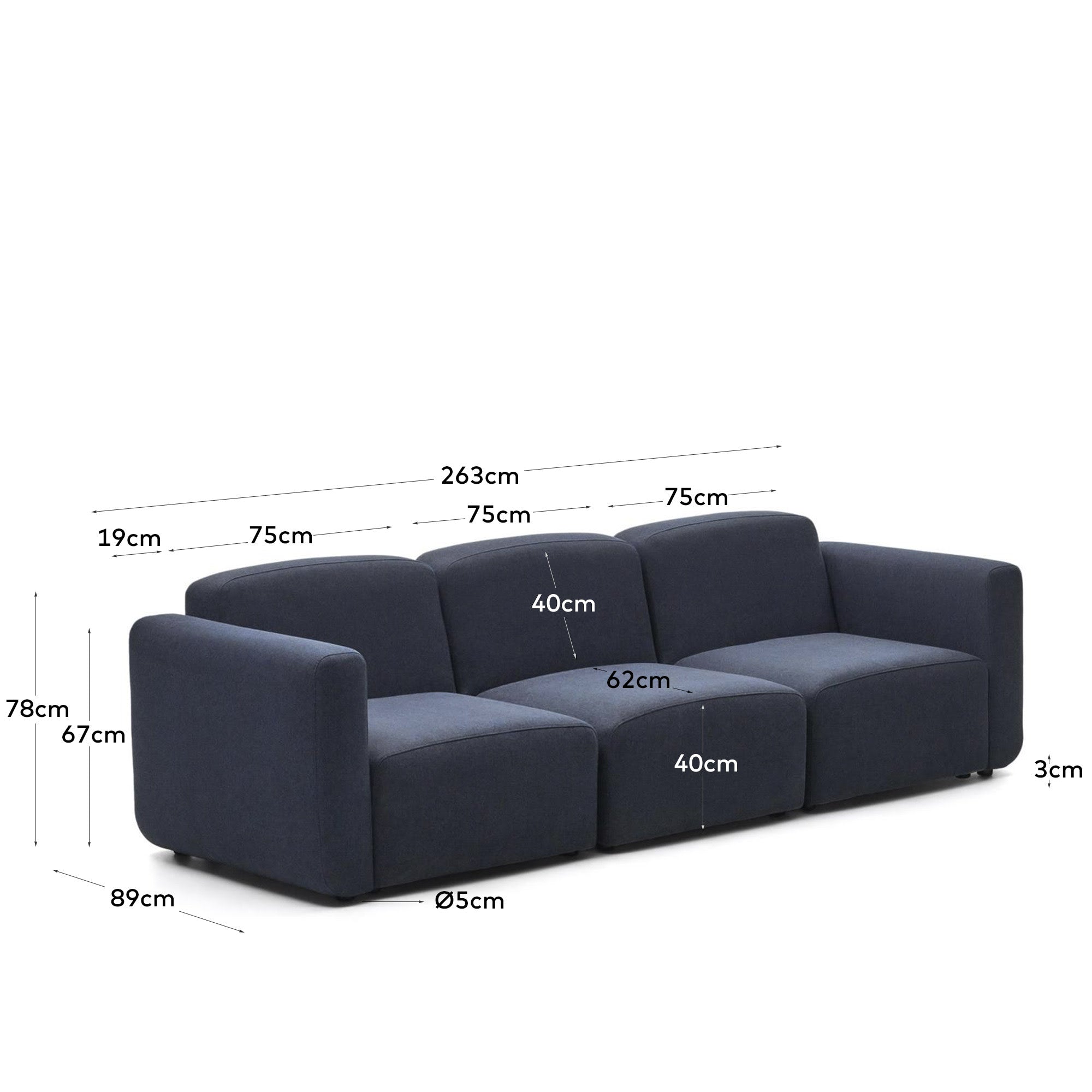 Elegantes, modulares 3-Sitzer-Sofa in Blau, 263 cm, aus nachhaltigem Holz, flexibel anpassbar, stilvoll und umweltbewusst.