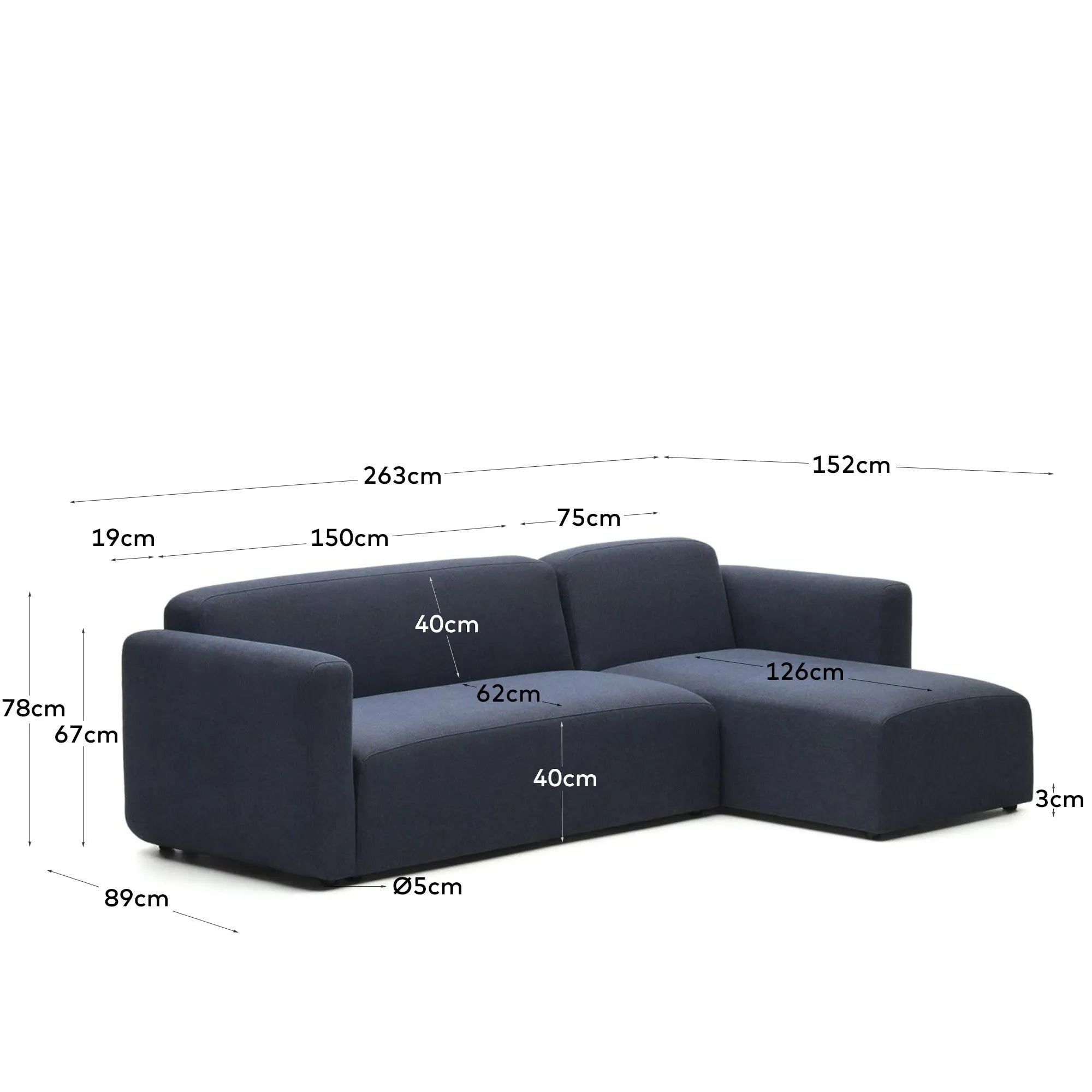 Das Neom 3-Sitzer-Sofa mit Chaiselongue in Blau, 263 cm, modular, FSC-zertifiziert, vereint Stil und Funktionalität.