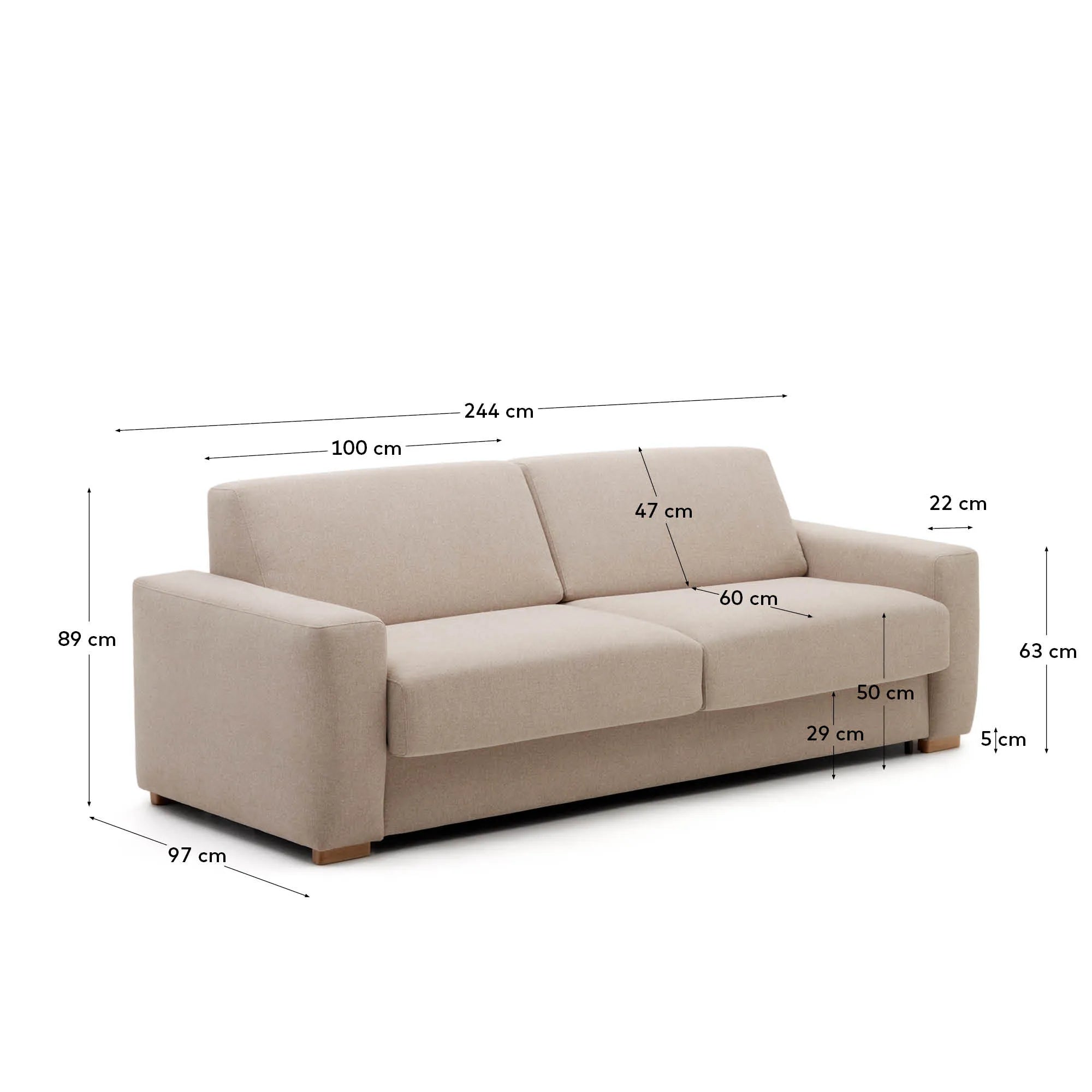 Elegantes 4-Sitzer-Bettsofa in Beige, 244 cm, mit viskoelastischer Polsterung und FSC-zertifiziertem Holz für Stil und Komfort.