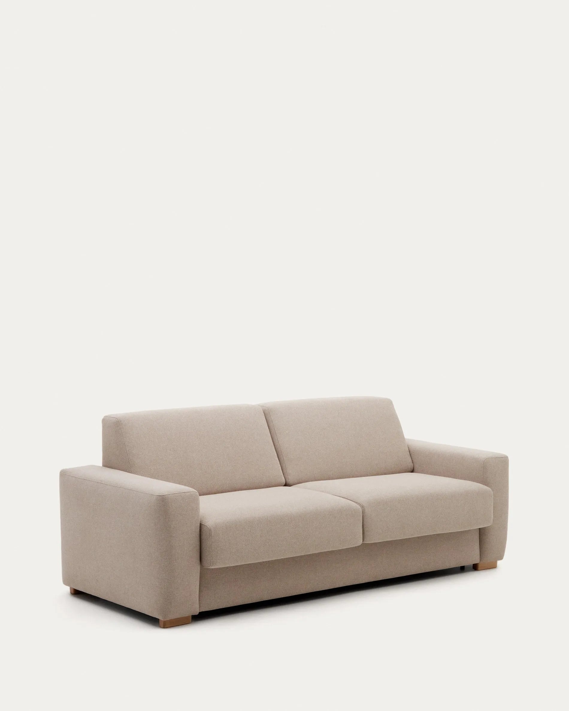 Elegantes 3-Sitzer-Sofa in Beige, wandelbar zum Bett, mit nachhaltigem FSC-zertifiziertem Holz und viskoelastischer Polsterung.