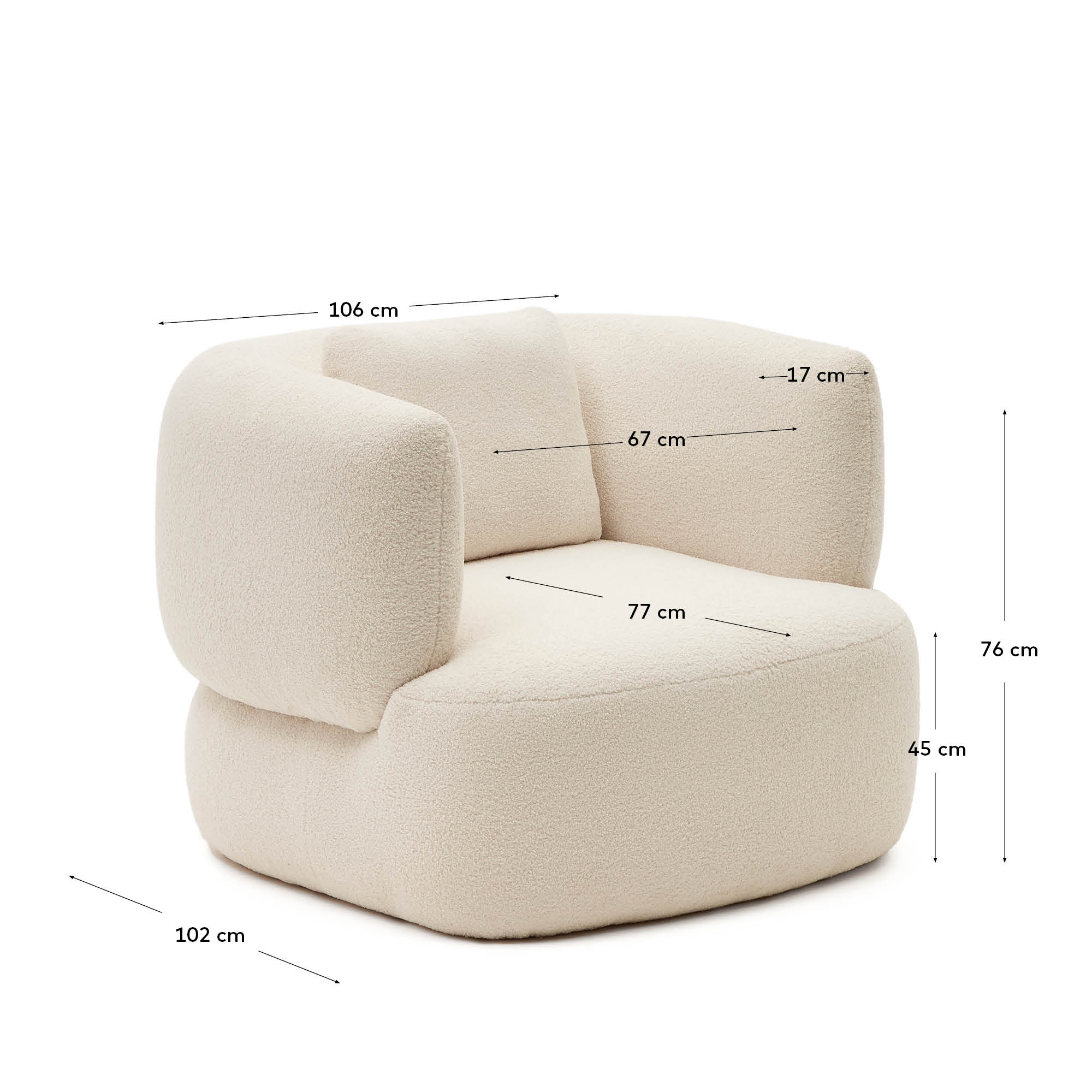 Moderner Drehsessel in Ecru-Bouclé mit Kissen, FSC-zertifiziert, von Kave Home – stilvoll, komfortabel und umweltfreundlich.