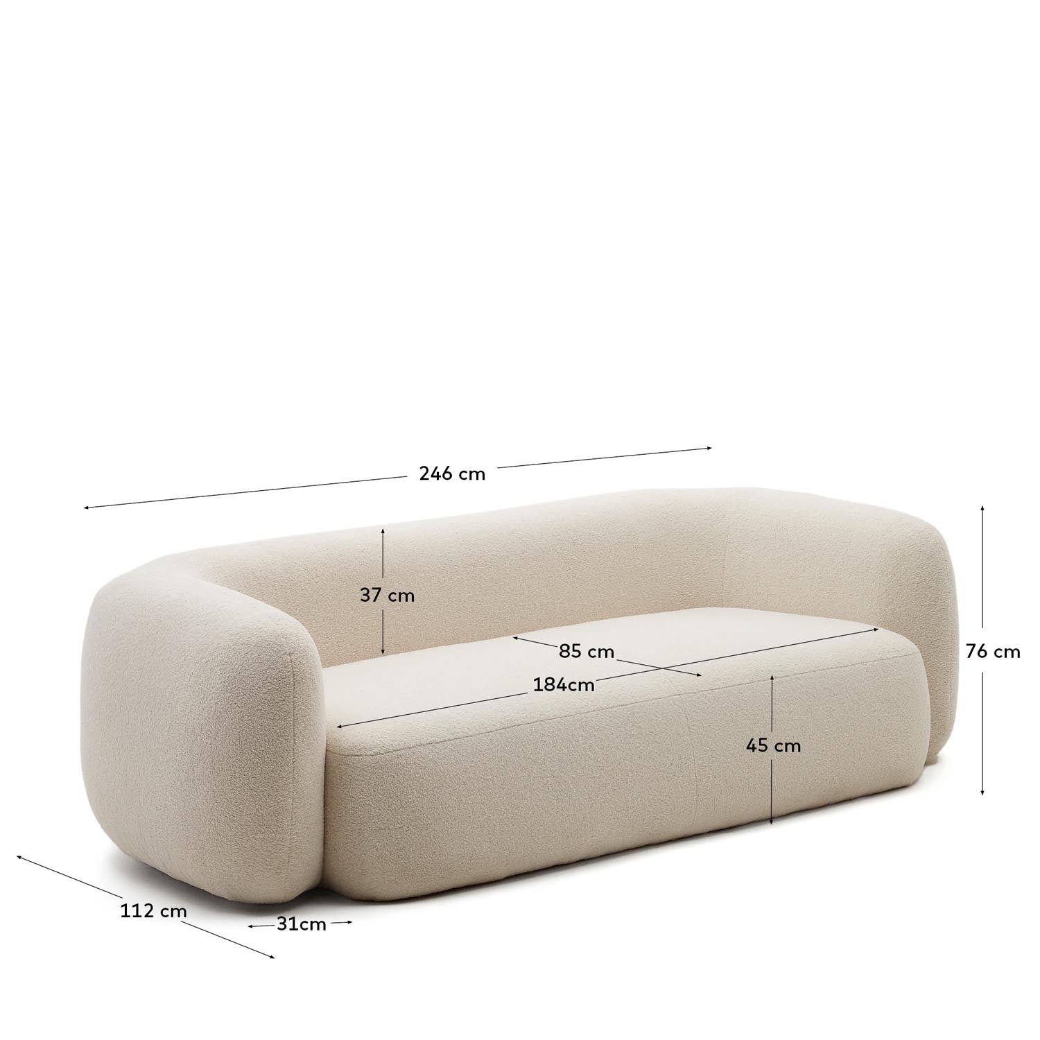 Martina 3-Sitzer-Sofa mit  Bouclé in Ecru 246 cm in Weiß präsentiert im Onlineshop von KAQTU Design AG. 3er Sofa ist von Kave Home