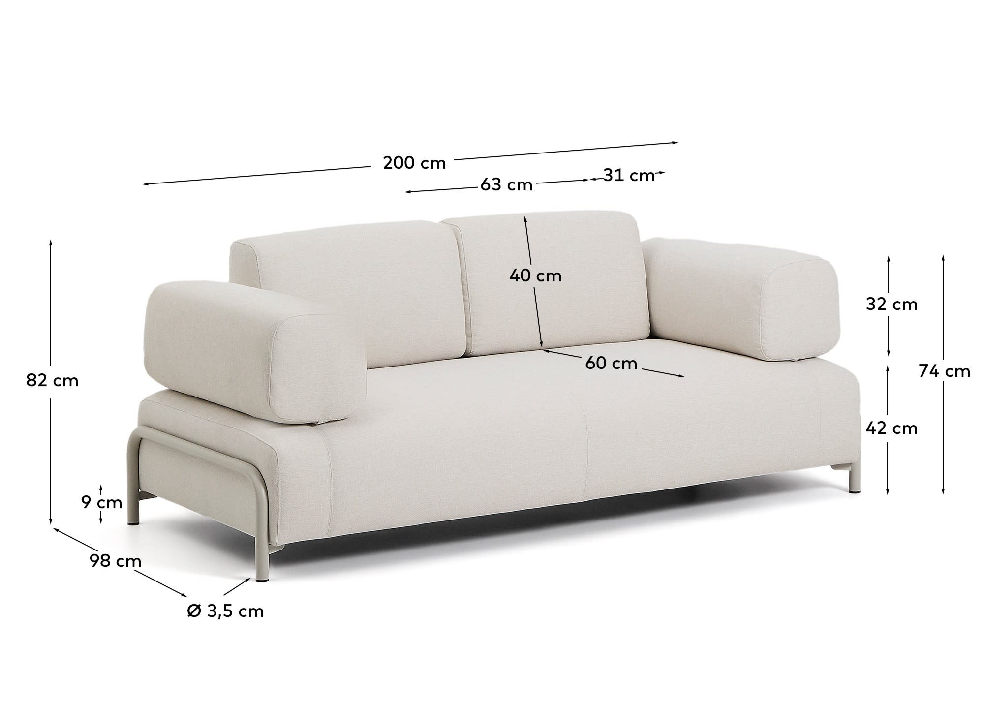 2-Sitzer-Sofa Compo aus Chenille in Ecru mit beigem Metallgestell 200 cm FSC Mix Credit in Ecru präsentiert im Onlineshop von KAQTU Design AG. 2er Sofa ist von Kave Home