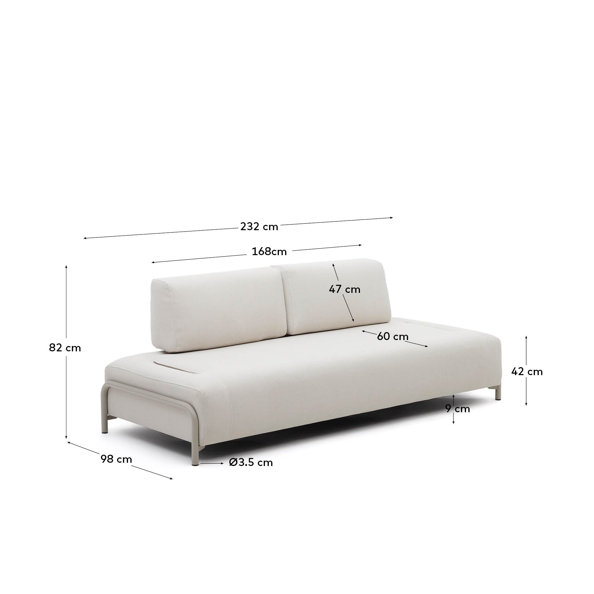 Elegantes Compo 3-Sitzer-Modul von Kave Home, 232 cm, in sanftem Beige. Hochwertiger Chenille-Bezug und robustes Metallgestell für stilvolle Wohnräume.