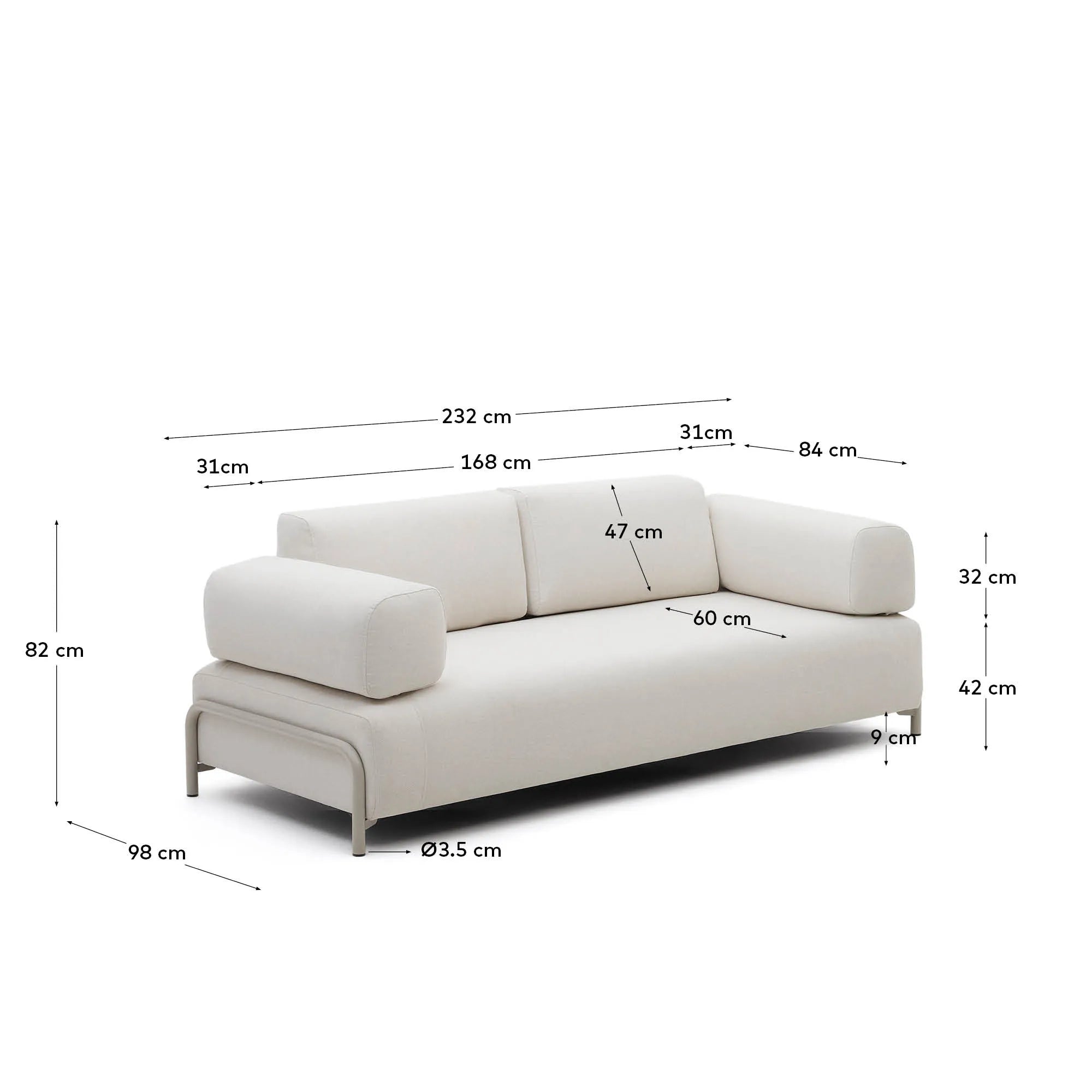 Elegantes 3-Sitzer-Sofa in Beige mit stabilem Metallgestell, ideal für stilvolle und komfortable Wohnräume.