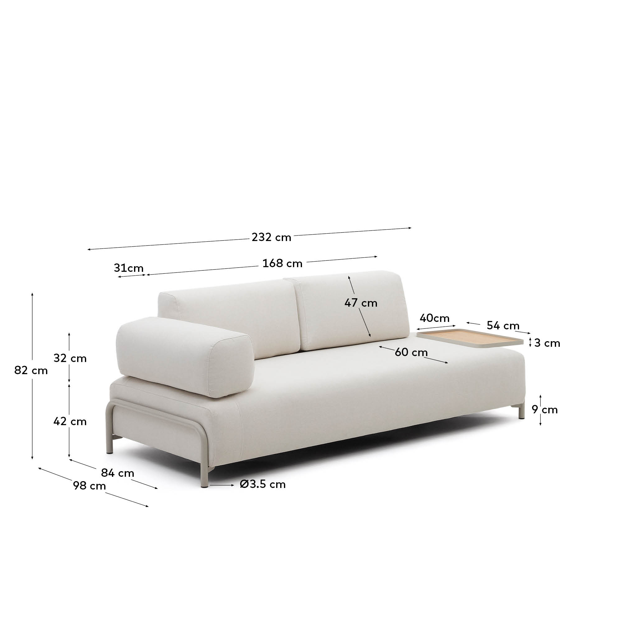 Stilvolles 3-Sitzer-Sofa in Chenille Beige mit Eichenfurnier-Tablett und robustem Metallgestell, 232 cm, von Kave Home.
