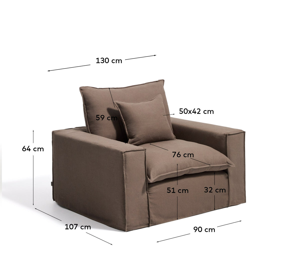 Sessel Anarela mit abnehmbarem Leinenbezug in Taupe, schwarzen Kunststoffbeinen und gepolsterter Sitzfläche, Frontalansicht.