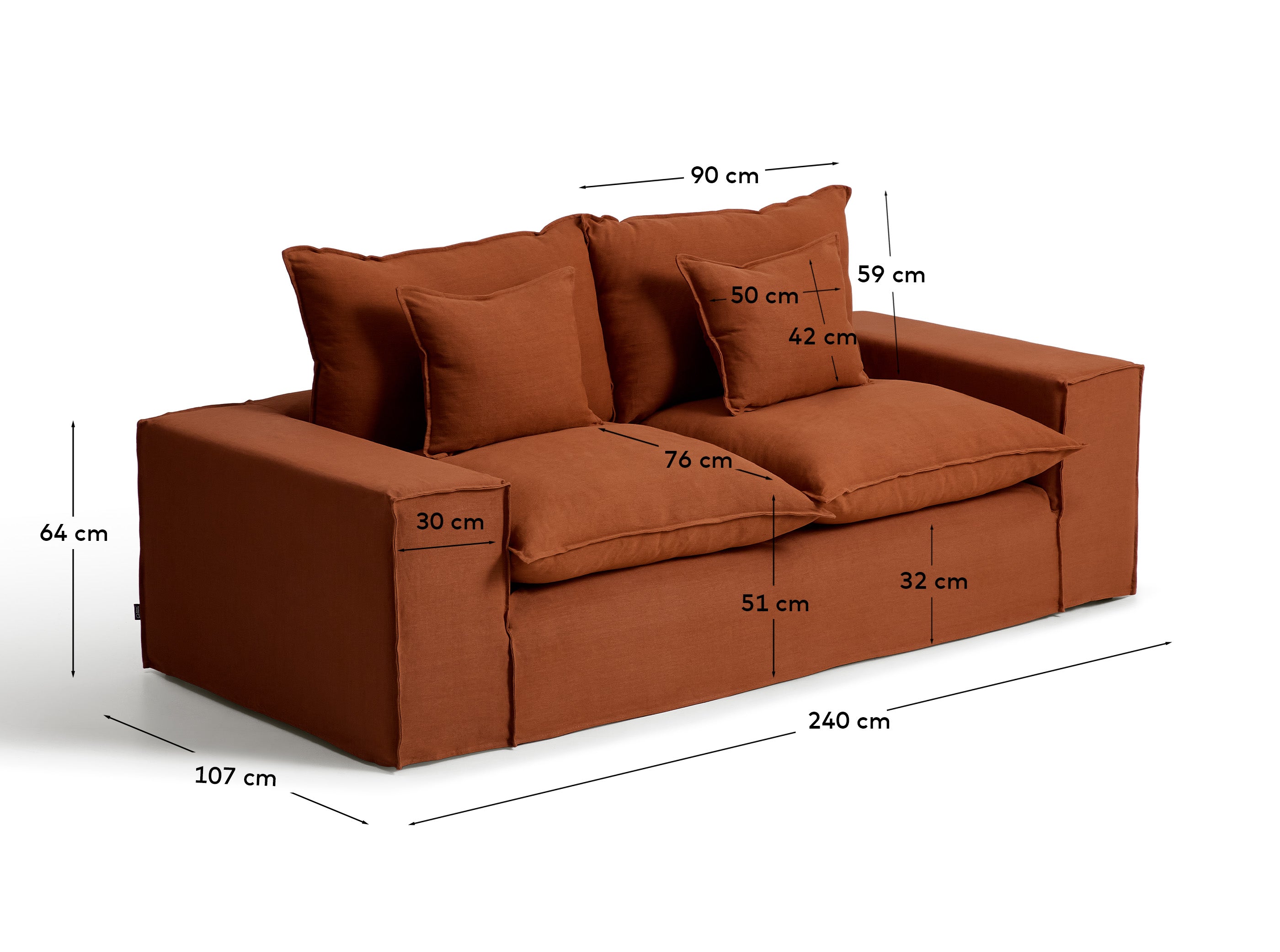 Stylisches 2-Sitzer-Sofa Anarela in Terrakotta, ausgestattet mit einem abnehmbaren Leinenbezug und nachhaltigem FSC Mix Credit Holz.