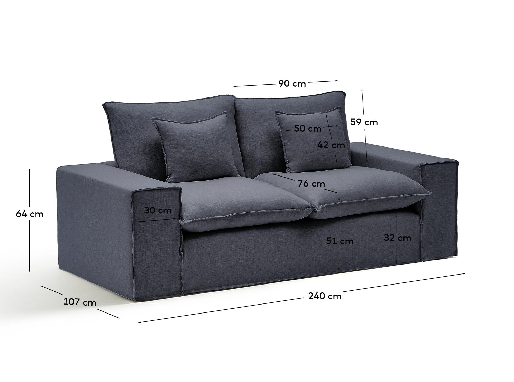 Stylisches 2-Sitzer-Sofa Anarela in Dunkelgrau, aus hochwertigem Leinen und Viskose, mit praktischem abnehmbarem Bezug für unkomplizierte Reinigung.