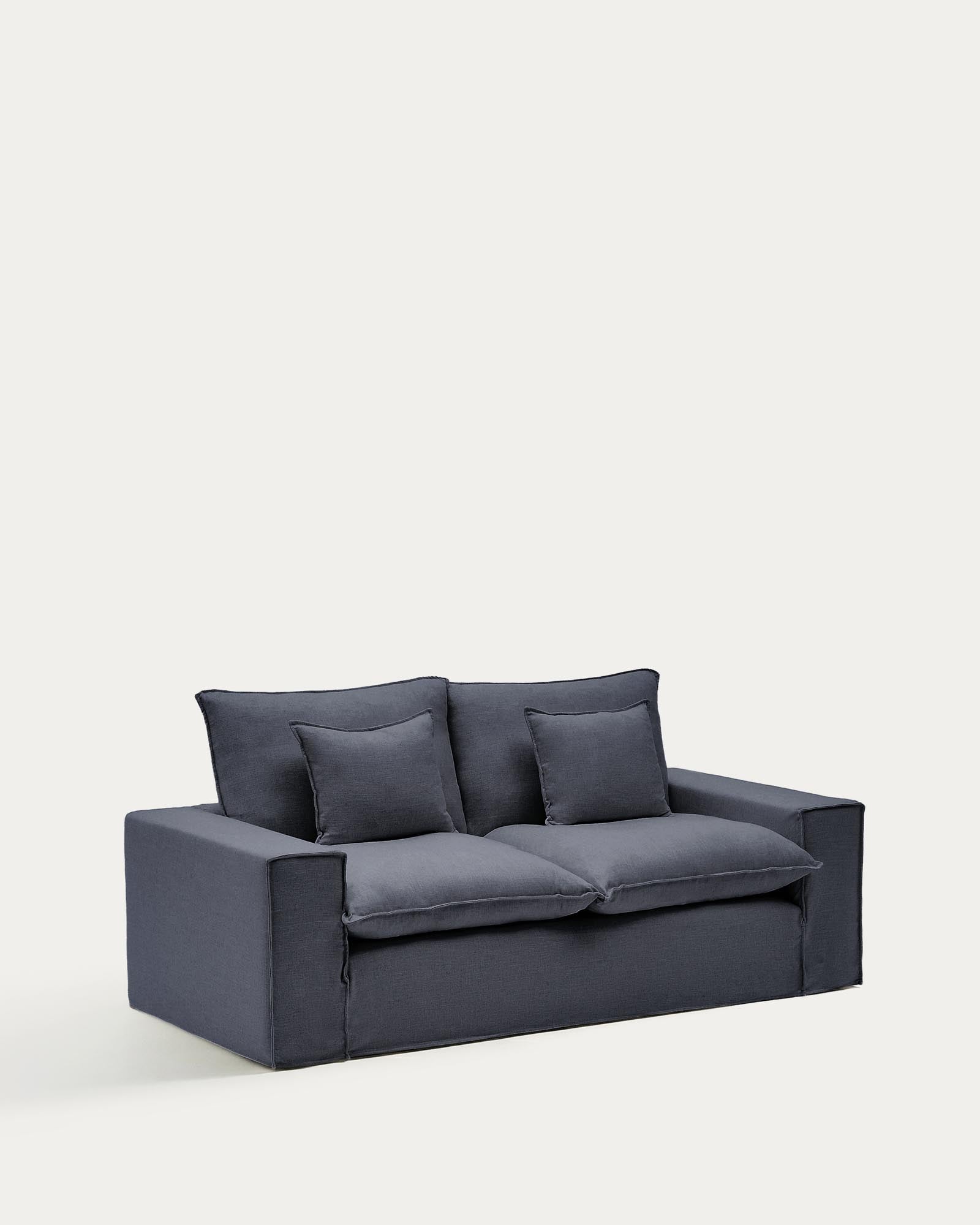 Stylisches 2-Sitzer-Sofa Anarela in dunklem Grau, gefertigt aus Leinen und Viskose, mit abnehmbarem Bezug für einfache Pflege und eleganten Look.
