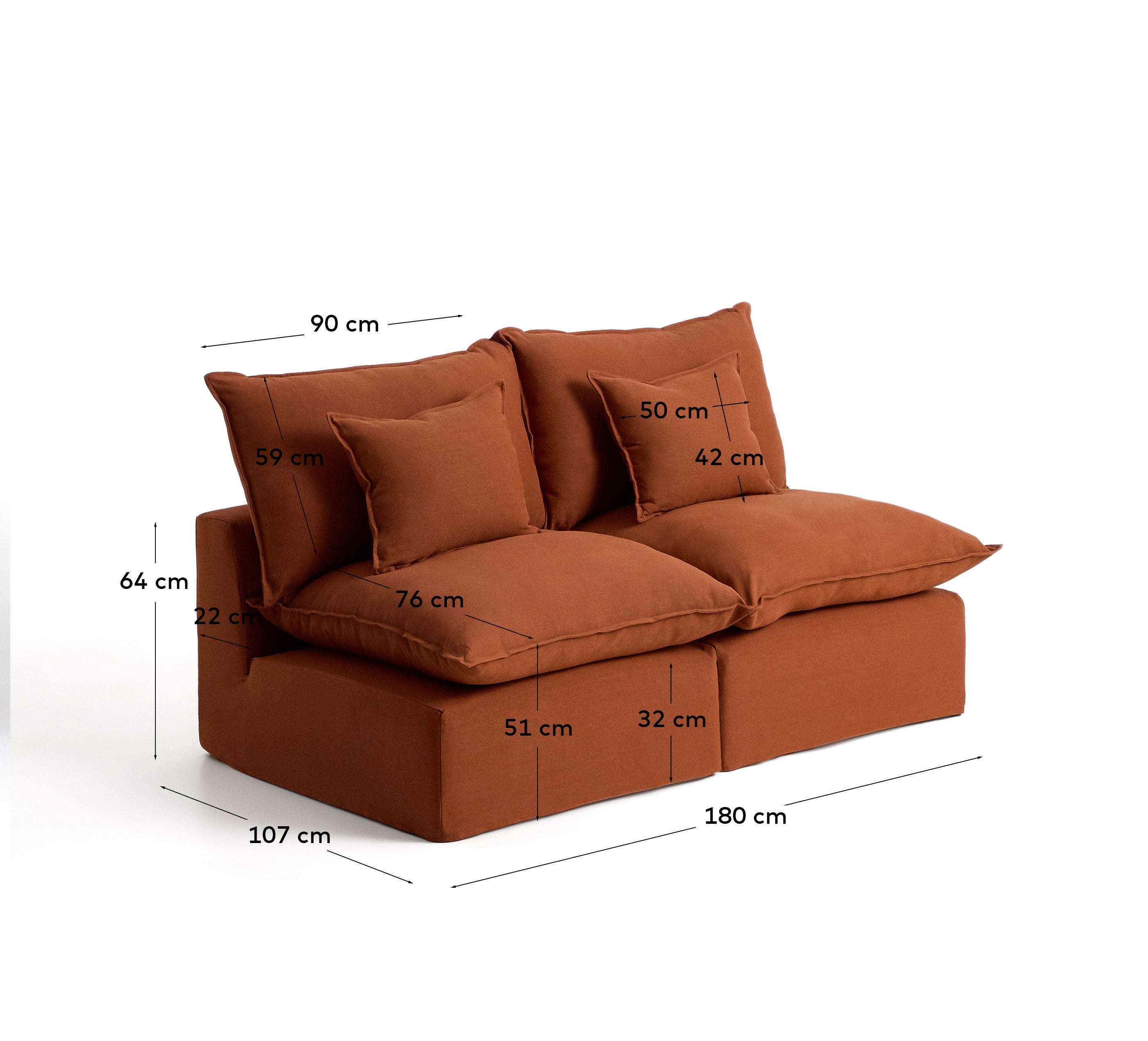 Elegantes 2-Sitzer-Modularsofa Anarela in warmem Terrakotta, aus pflegeleichtem Leinen mit abnehmbarem Bezug, ideal für stilvolle Interiors.