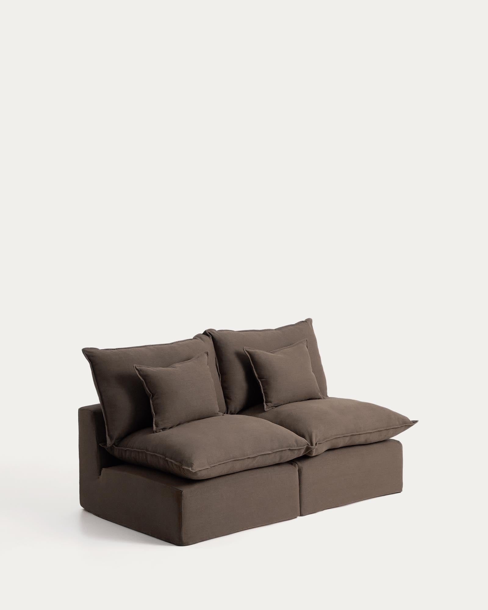 Elegantes 2-Sitzer-Modularsofa Anarela in taupe, gefertigt aus Leinen mit abnehmbarem Bezug, perfekt für moderne Wohnräume.