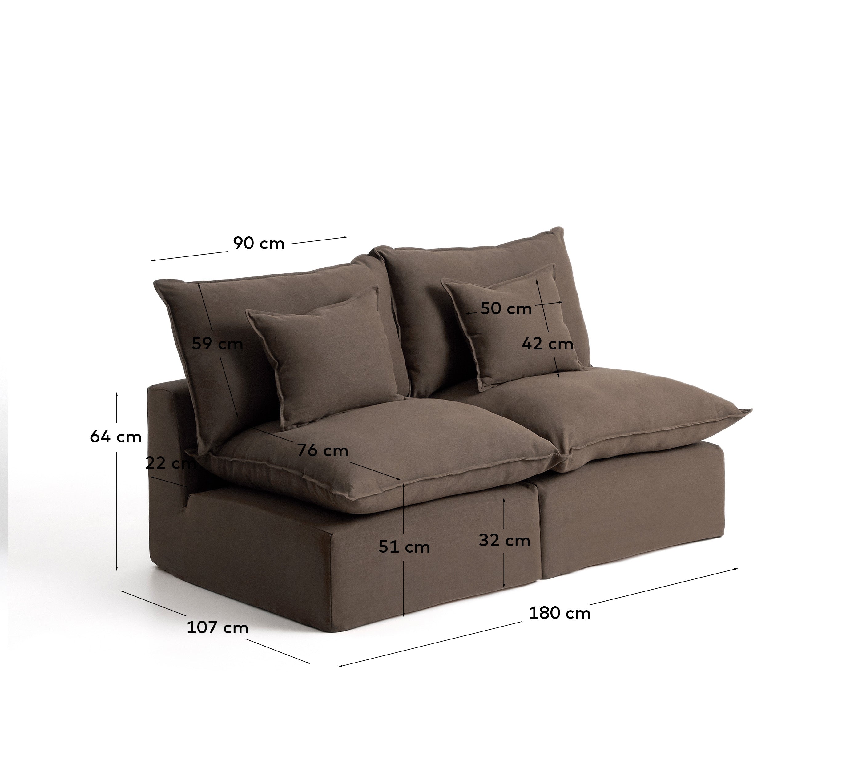 Stylisches 2-Sitzer-Modularsofa Anarela in sanftem Taupe, aus hochwertigem Leinen mit abnehmbarem Bezug, ideal für gemütliche Wohnzimmer.