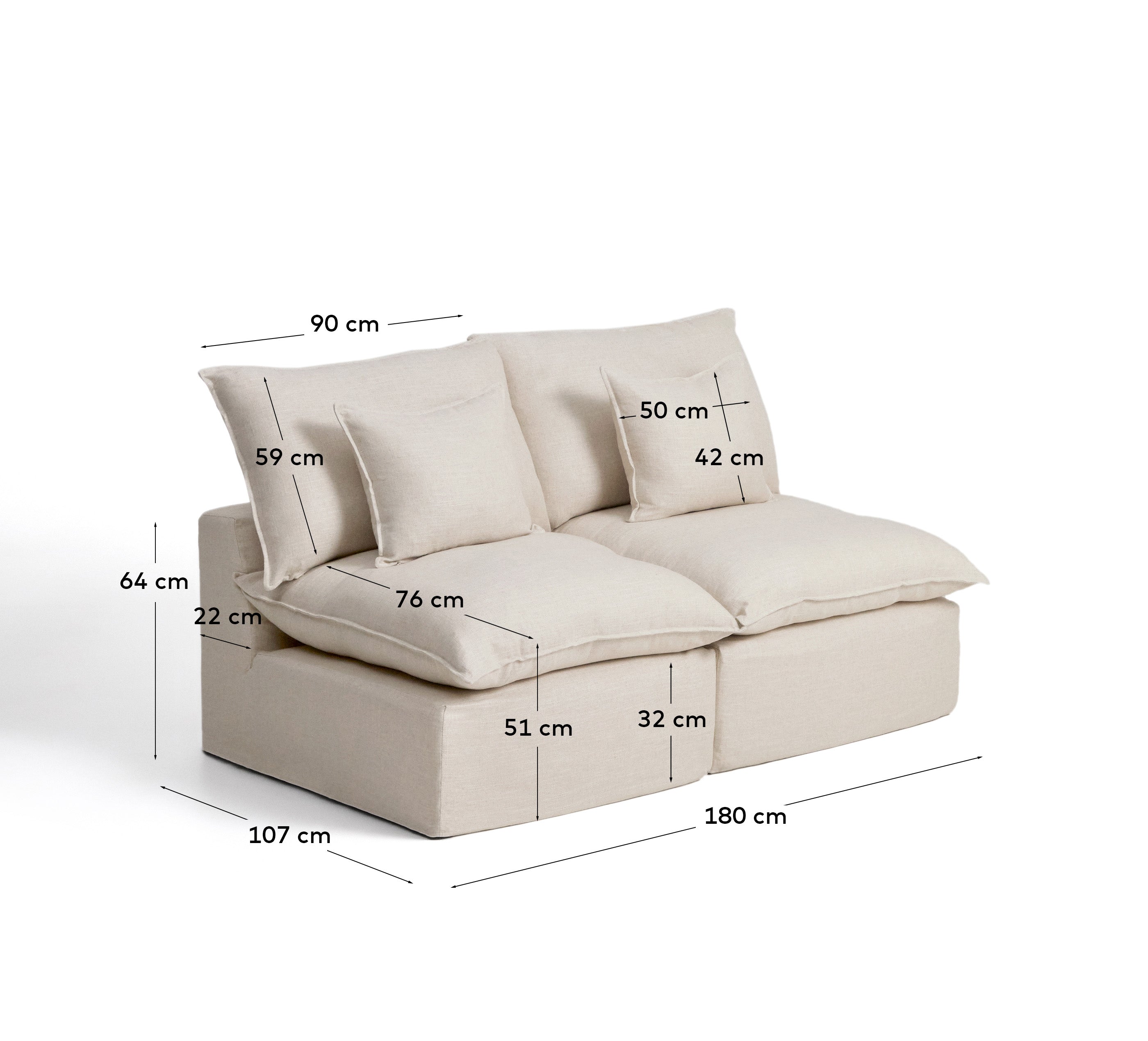 Beige 2-Sitzer-Modularsofa Anarela, 180 cm, mit abnehmbarem Bezug aus Leinen und Viskose, perfekt für stilvolle und einladende Wohnbereiche.