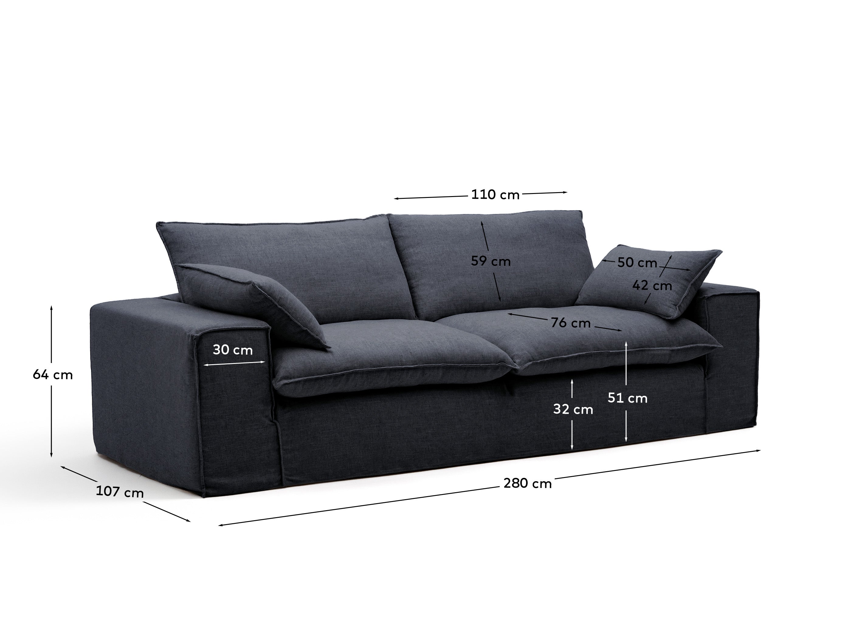 Stilvolles 3-Sitzer-Sofa Anarela in dunkler Farbgebung, aus hochwertigem Leinen und Viskose, ideal für modernes Wohnen und pflegeleichte Nutzung.