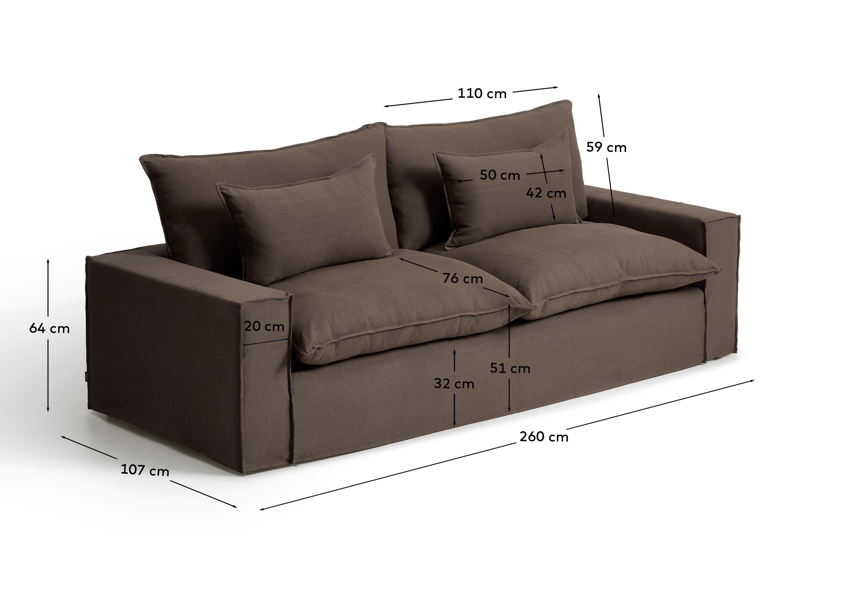 Gemütliches 3-Sitzer-Sofa Anarela in taupe, 260 cm, aus hochwertigem Leinen mit abnehmbarem Bezug, perfekt für moderne Wohnkonzepte.