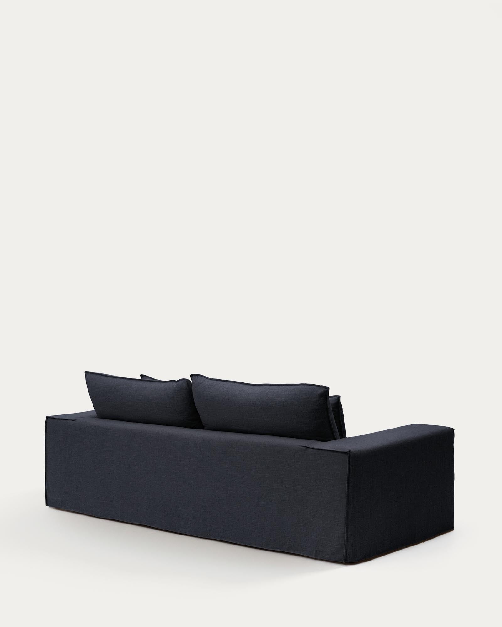 Elegantes 3-Sitzer-Sofa Anarela in dunklem Grau, gefertigt aus Leinen und Viskose, mit abnehmbarem Bezug und umweltfreundlichem FSC-zertifiziertem Holz.