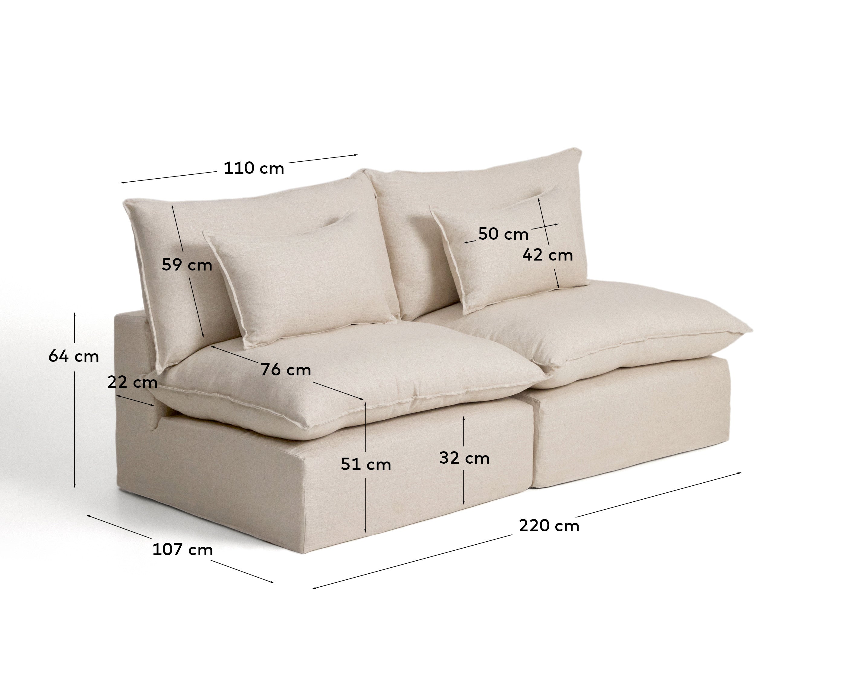 Beige 3-Sitzer-Modularsofa Anarela, 220 cm, aus hochwertigem Leinen und Viskose, stilvolles und funktionales Möbelstück mit abnehmbarem Bezug.