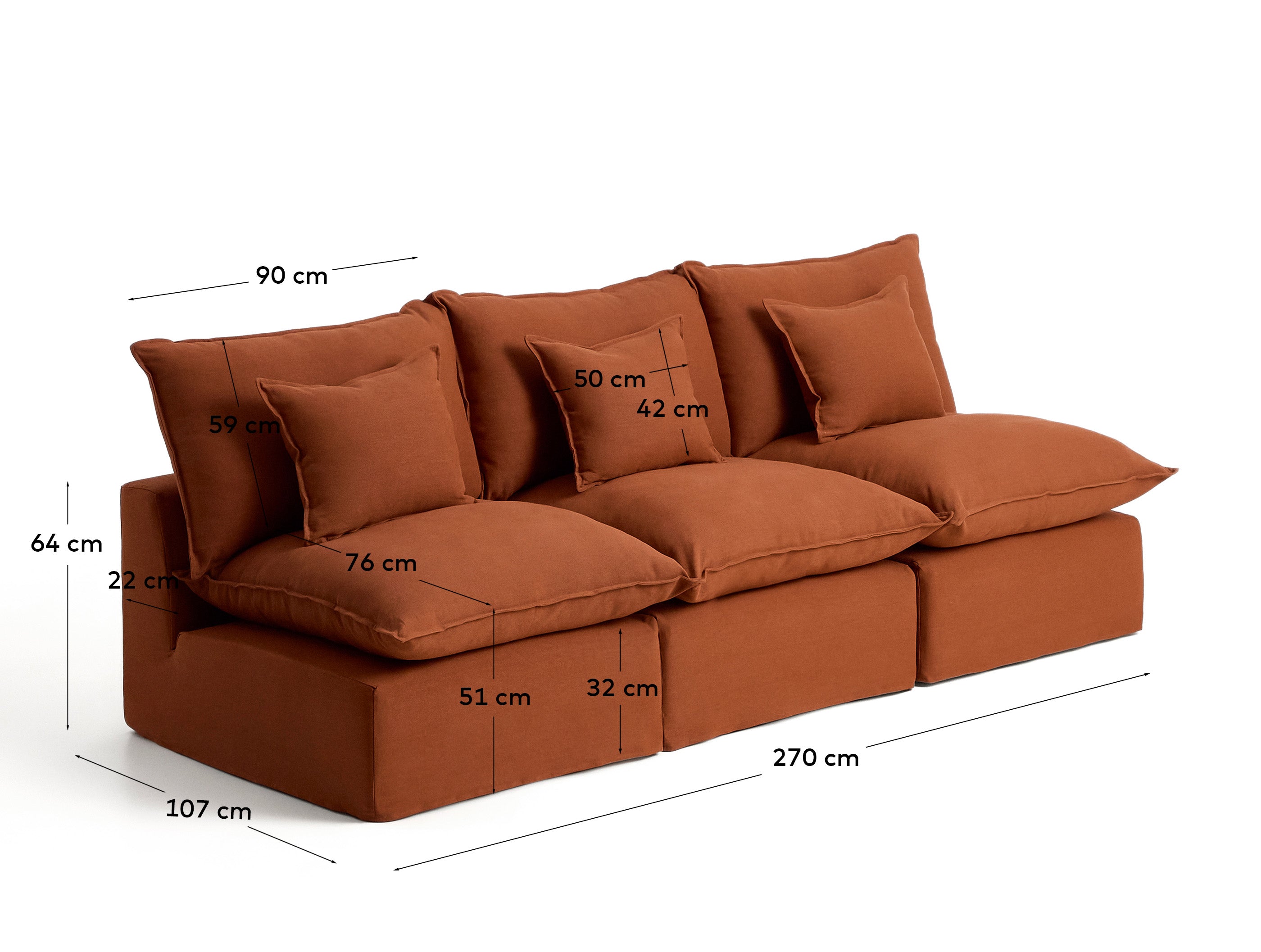 Elegantes 3-Sitzer-Modularsofa Anarela in warmem Terrakotta, aus atmungsaktivem Leinen mit abnehmbarem Bezug, ideal für stilvolle Wohnräume.