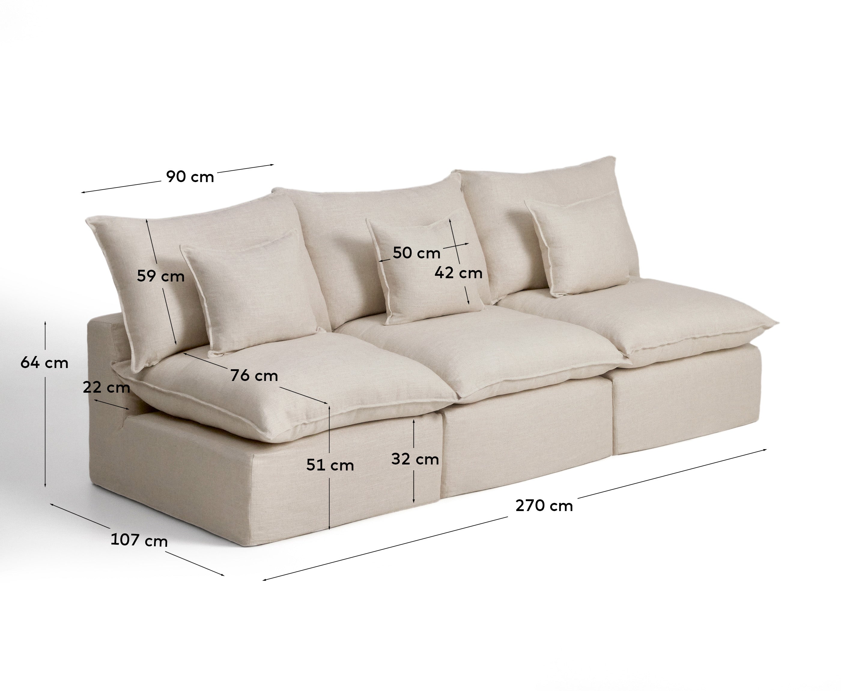 Beige 3-Sitzer-Modularsofa Anarela, 270 cm, aus Leinen und Viskose, elegantes Design mit abnehmbarem Bezug für einfache Pflege und modernen Komfort.